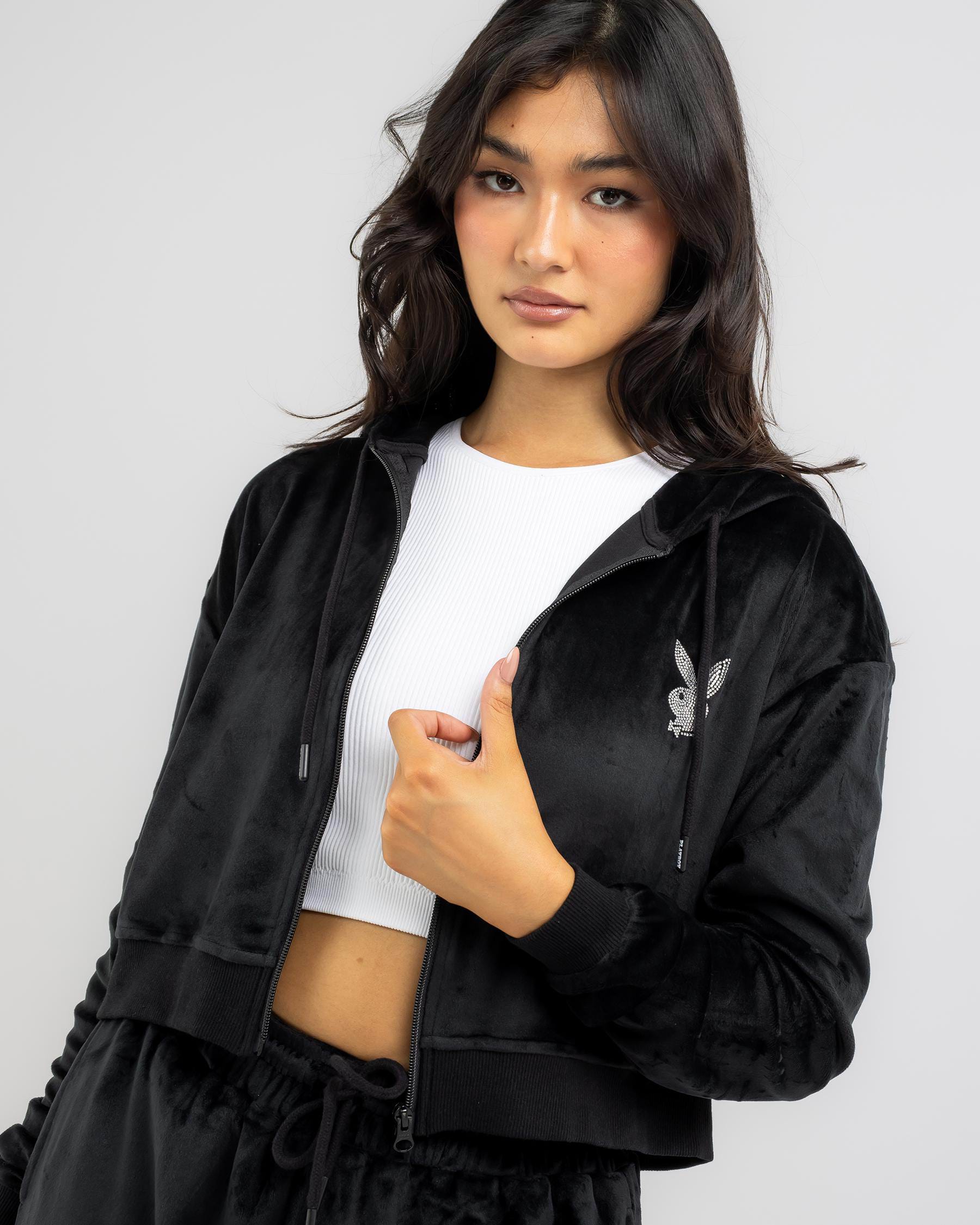 Playboy Bunny O Velour Zip Through Hoodie In Black - Fast Shipping ...