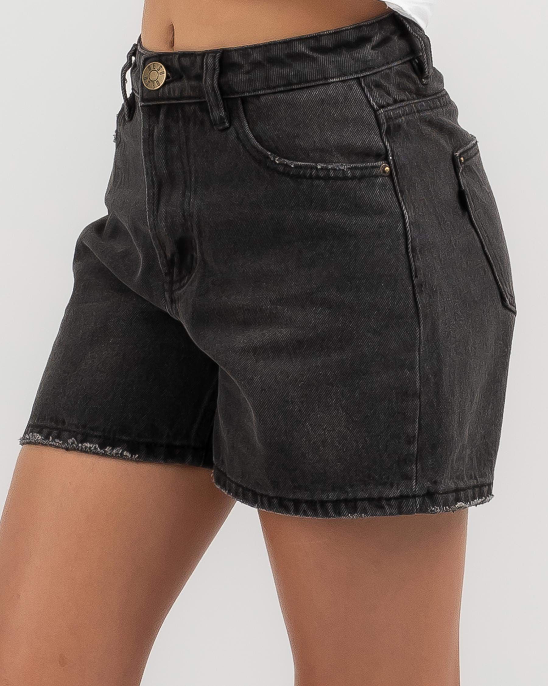 Shop DESU Girls' Byron Mid Denim Shorts In Washed Black - Fast Shipping ...