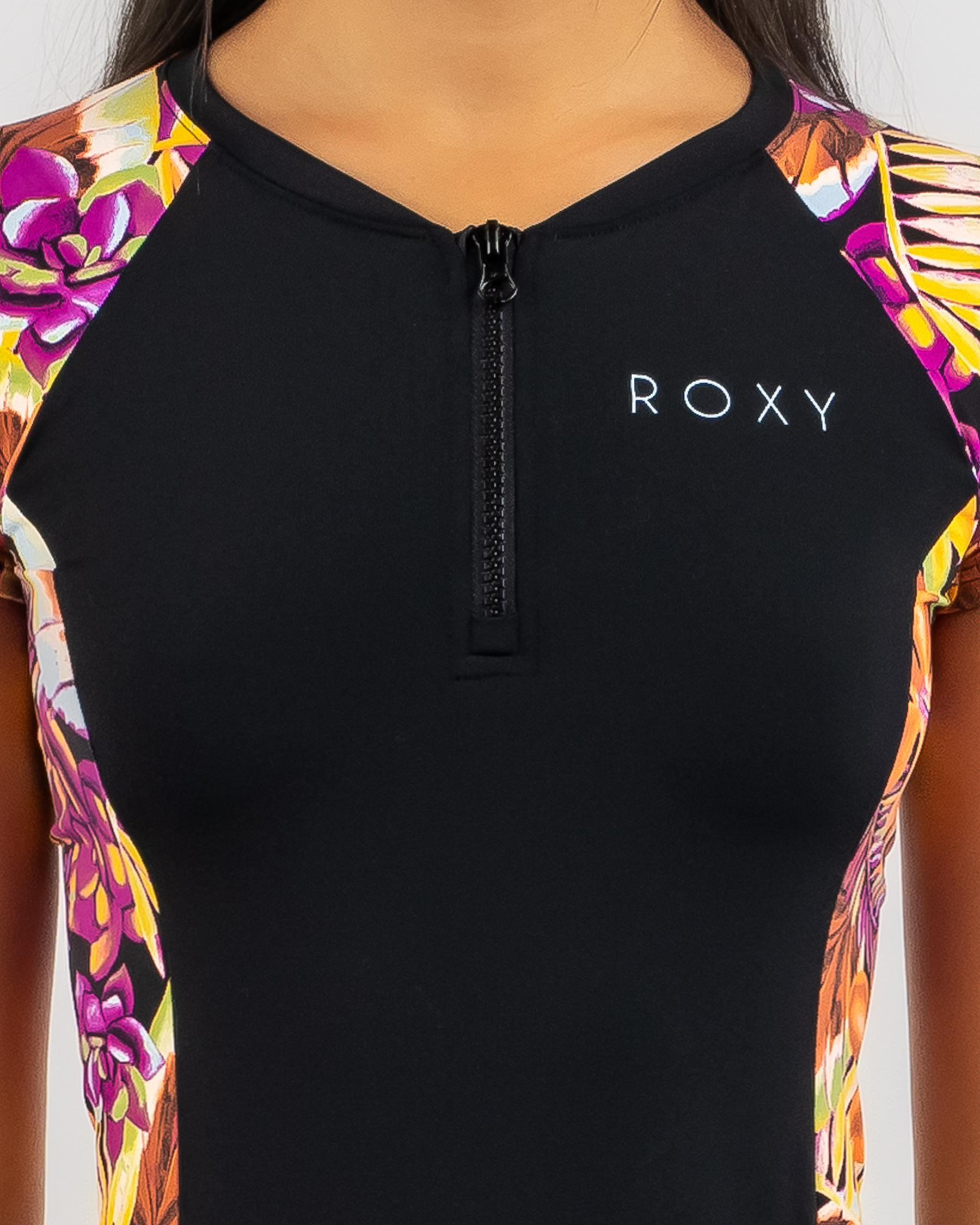 Shop Roxy Lycra Half Zip Cap Sleeve Rash Vest In Anthracite Hot Tropics