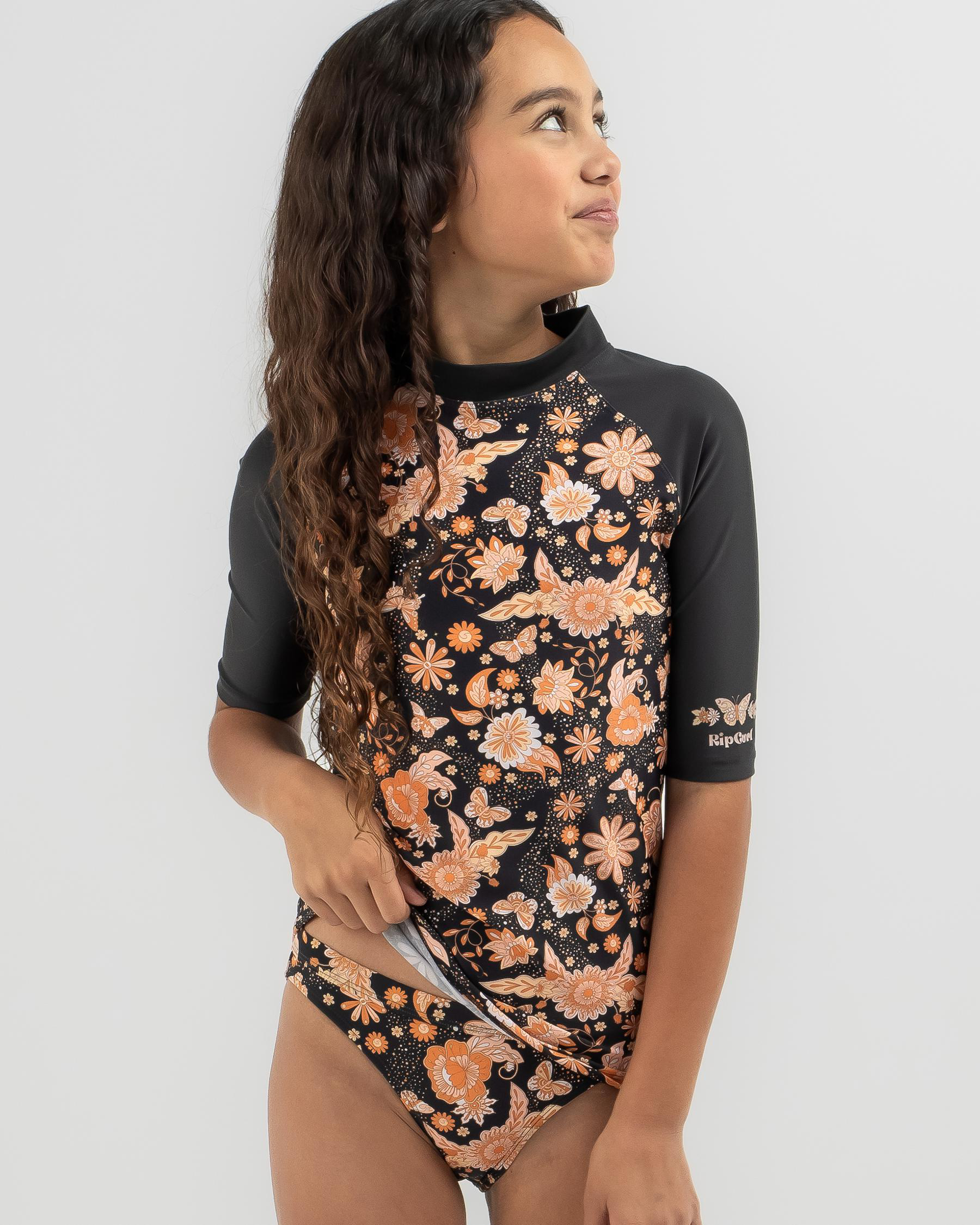 Rip Curl Girls' Sun Catcher Short Sleeve Rash Vest In Washed Black