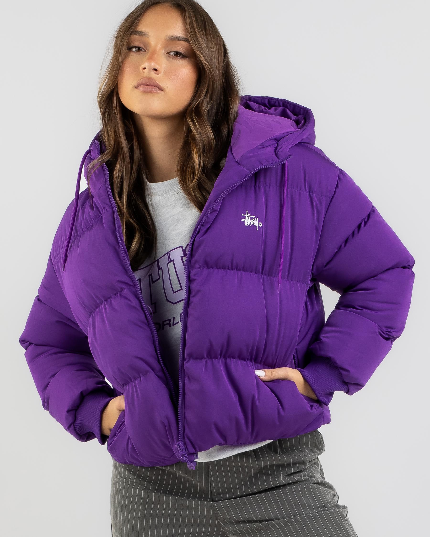 Shop Stussy Graffiti Hooded Puffer Jacket In Bright Violet - Fast ...