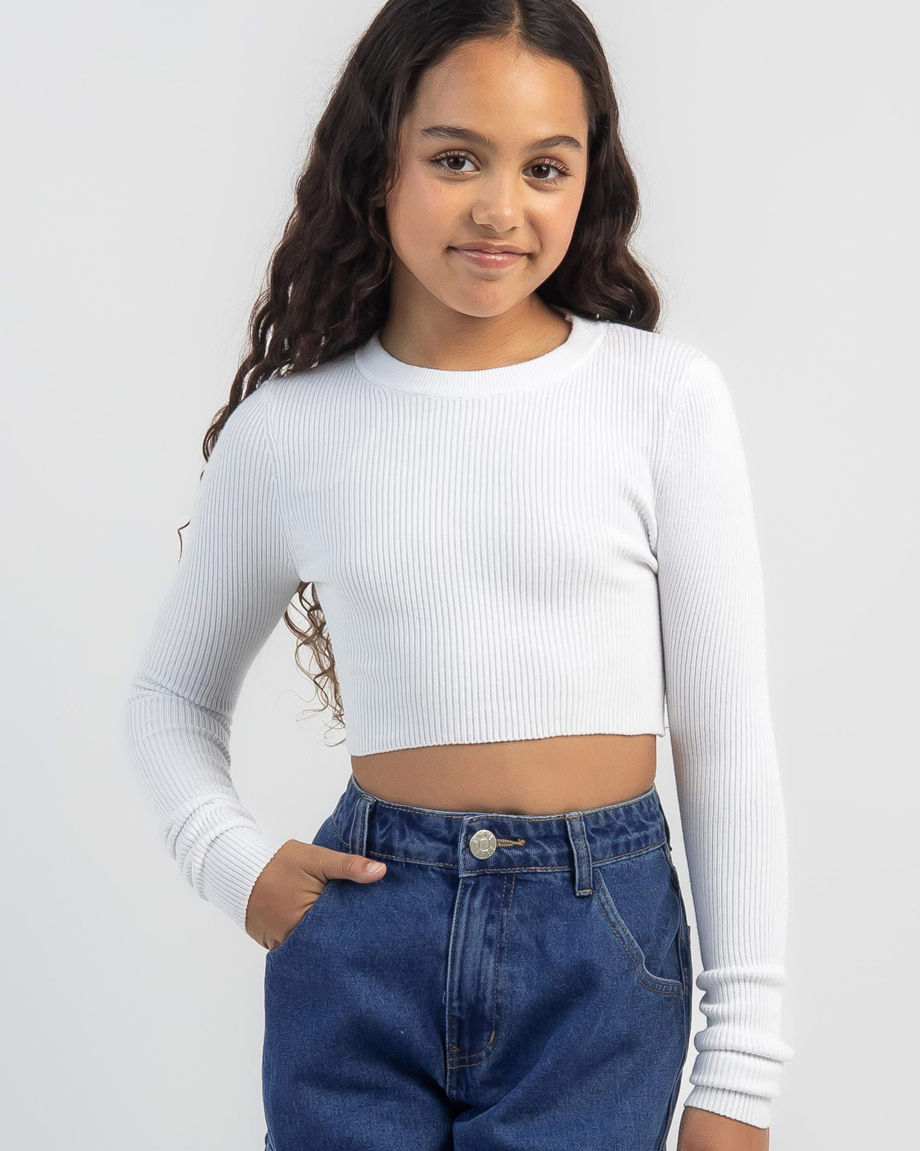 Ava And Ever Girls' Basic Long Sleeve Crop Knit Top In White - Fast ...