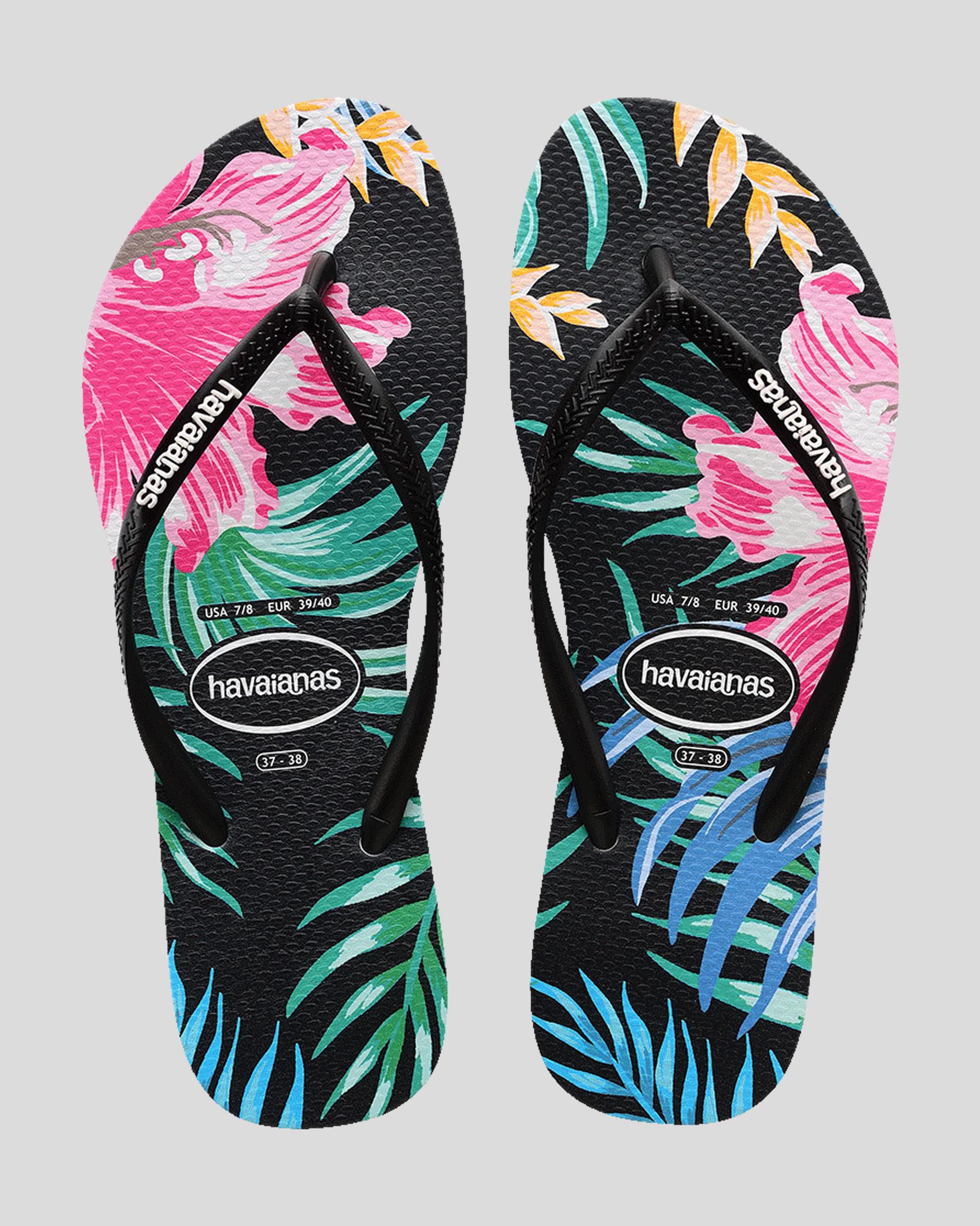 Shop Havaianas Slim Print Floral Palm Thongs In Black - Fast Shipping ...
