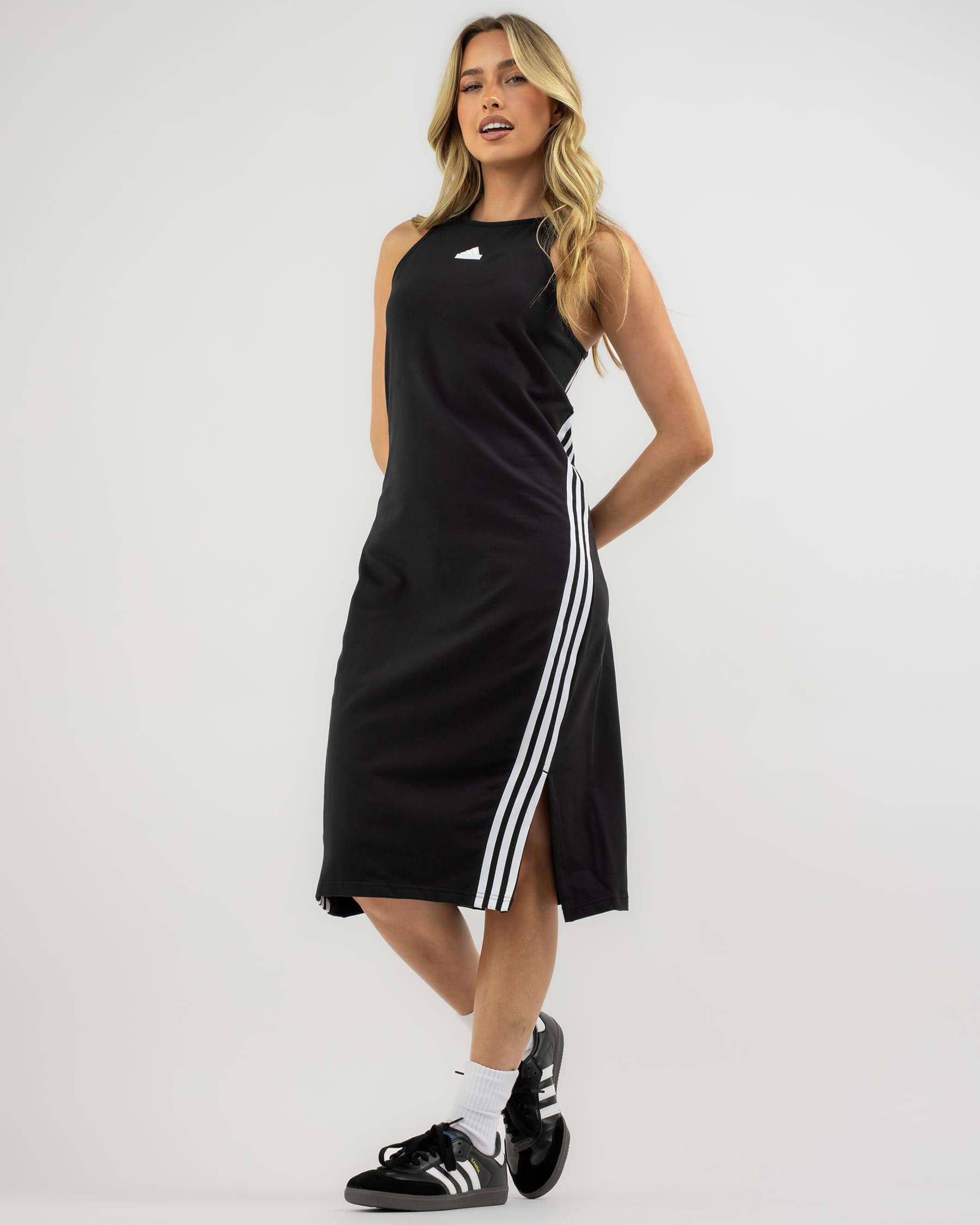 Adidas Future Icon 3 Stripe Dress In Black/white - Fast Shipping & Easy ...
