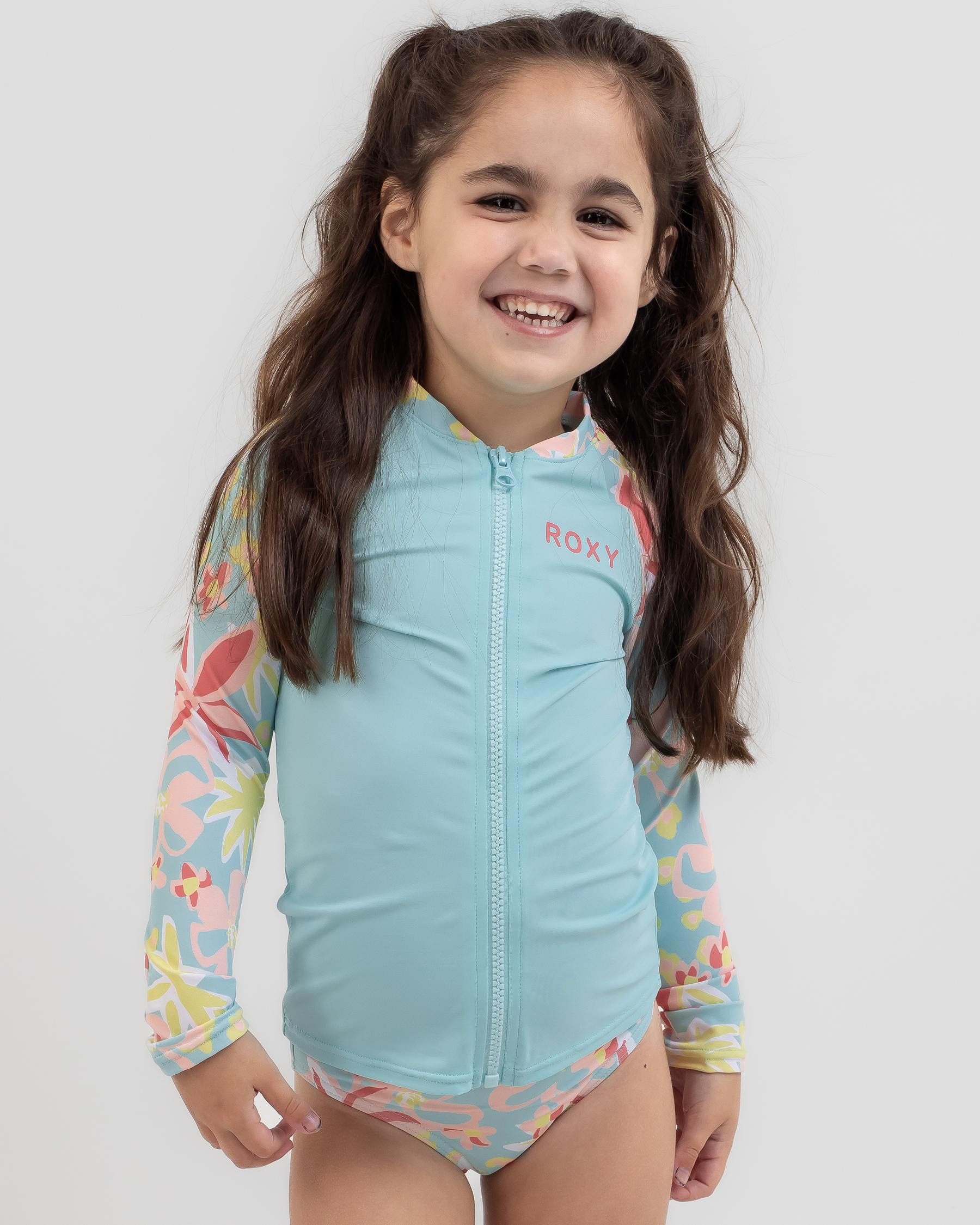 Shop Roxy Toddlers' Holiday Flower Long Sleeve Rash Vest Set In Tanager