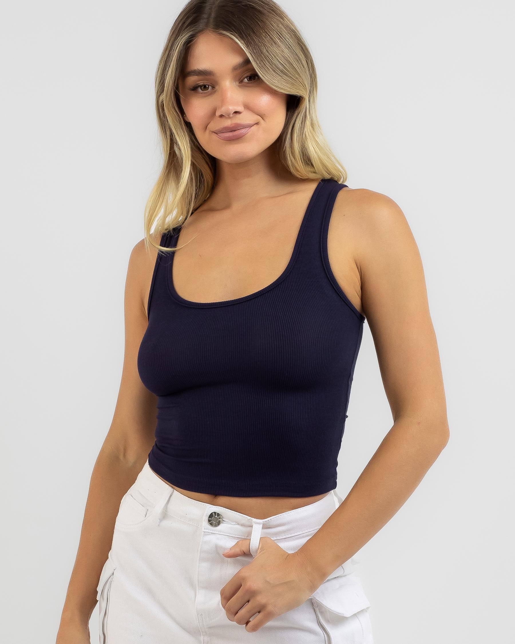 Shop Mooloola Basic Scoop Neck Rib Tank Top In Navy - Fast Shipping ...