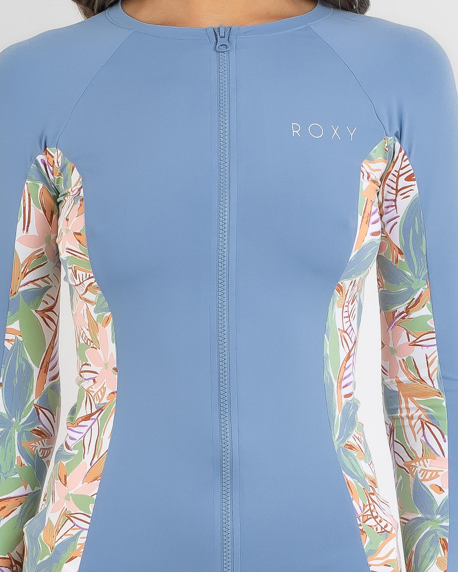 Shop Roxy Zip Through Long Sleeve Rash Vest In Sprucetone Les Fleurs S ...