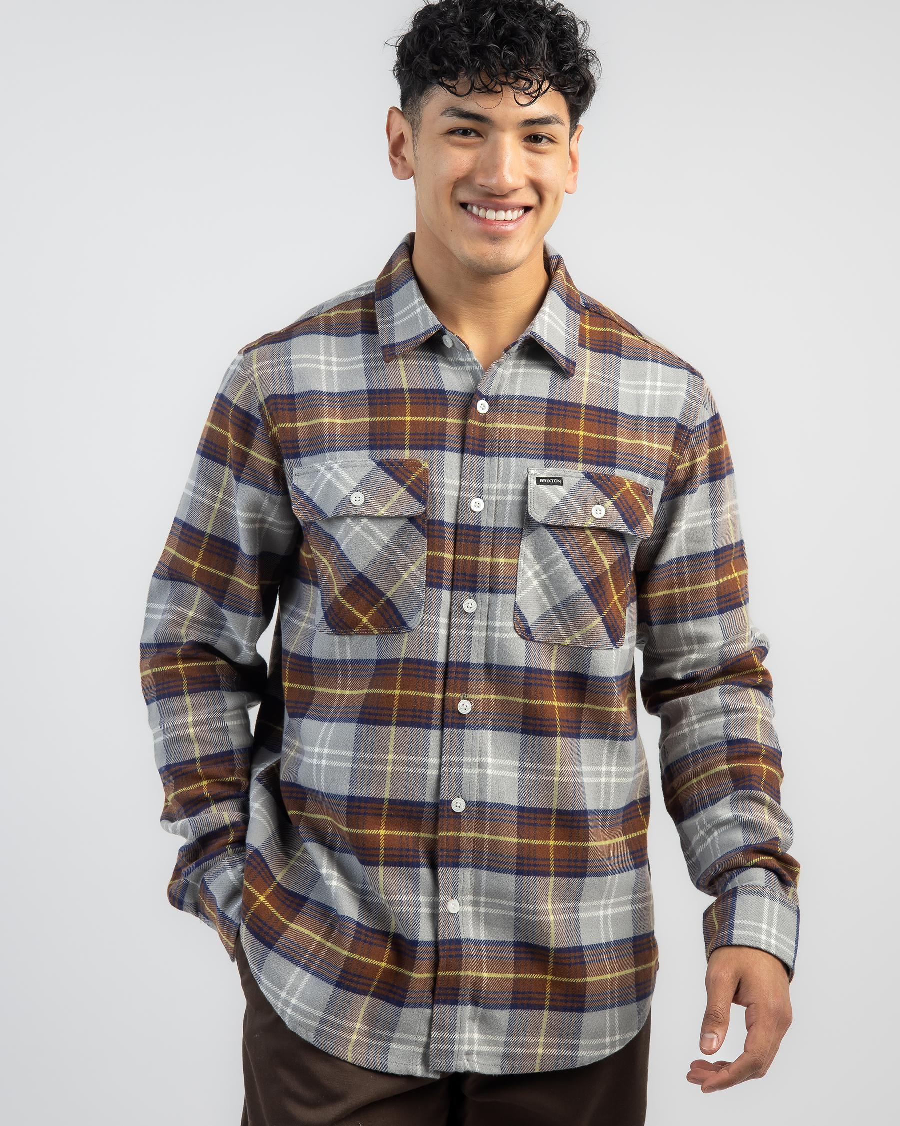 Shop Brixton Bowery Flannel Long Sleeve Shirt In Red Brown/grey/washed