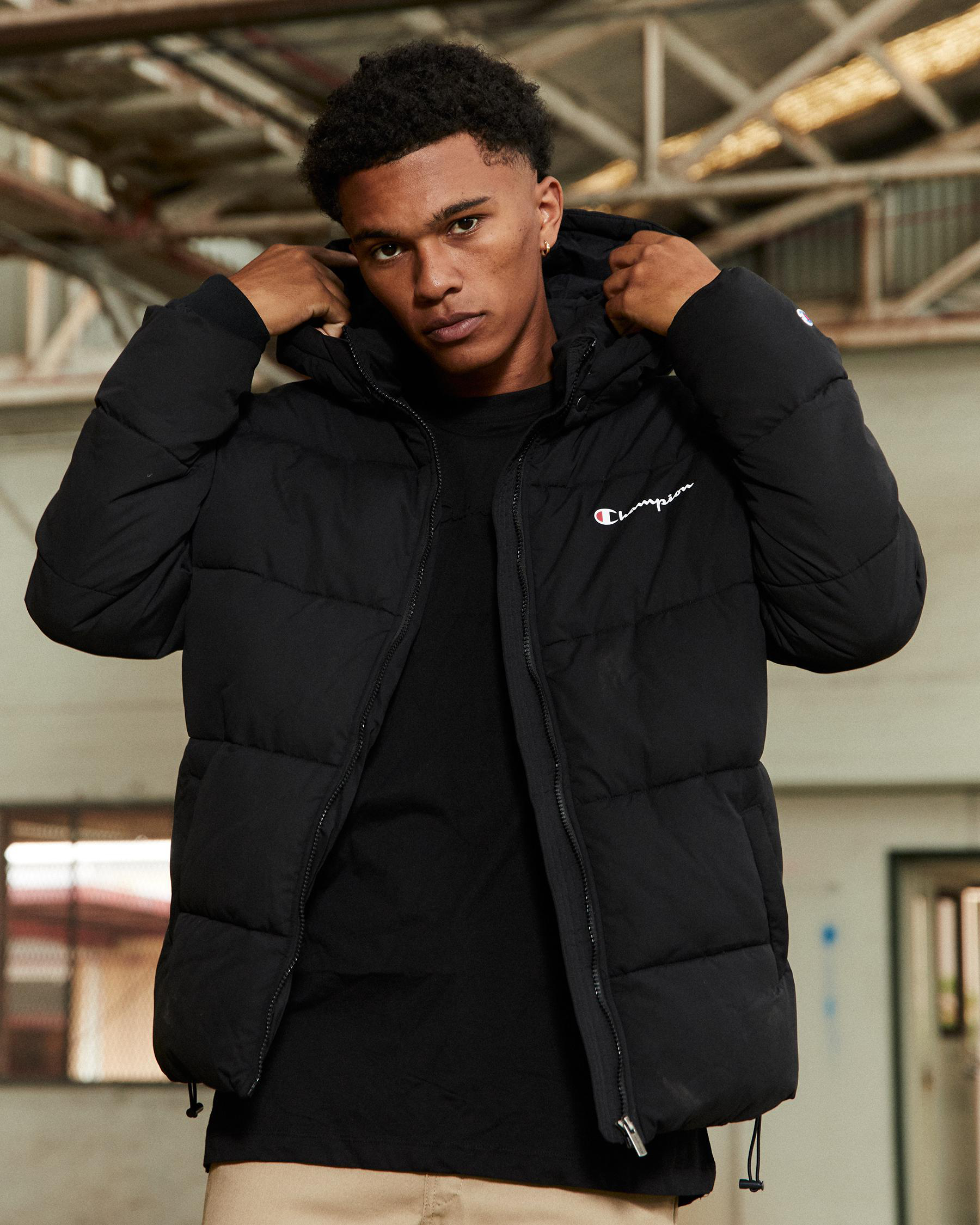 Shop Champion Rochester Athletic Puffer Hooded Jacket In Black Fast Shipping & Easy Returns