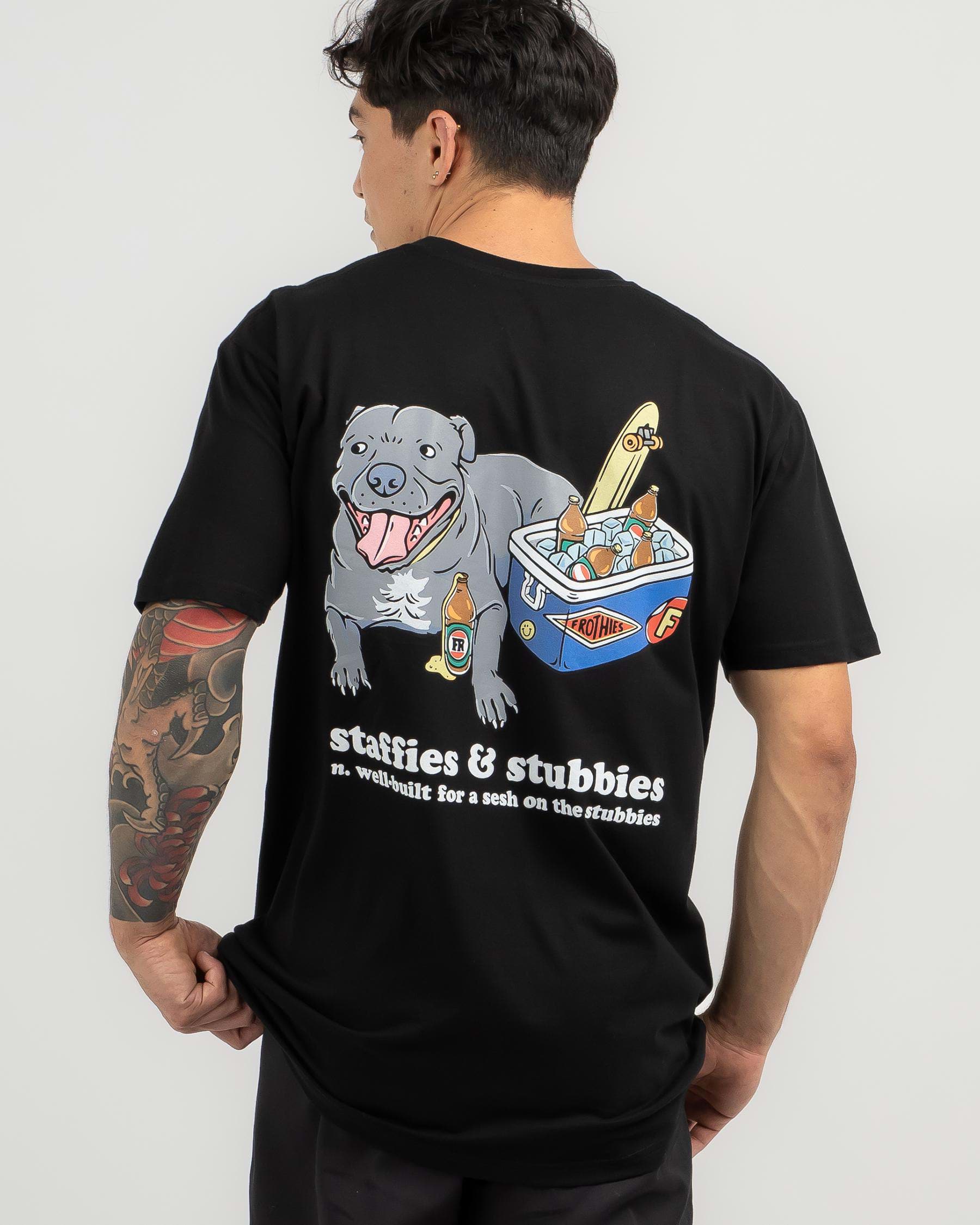 Shop Frothies Staffies & Stubbies T-Shirt In Black - Fast Shipping ...