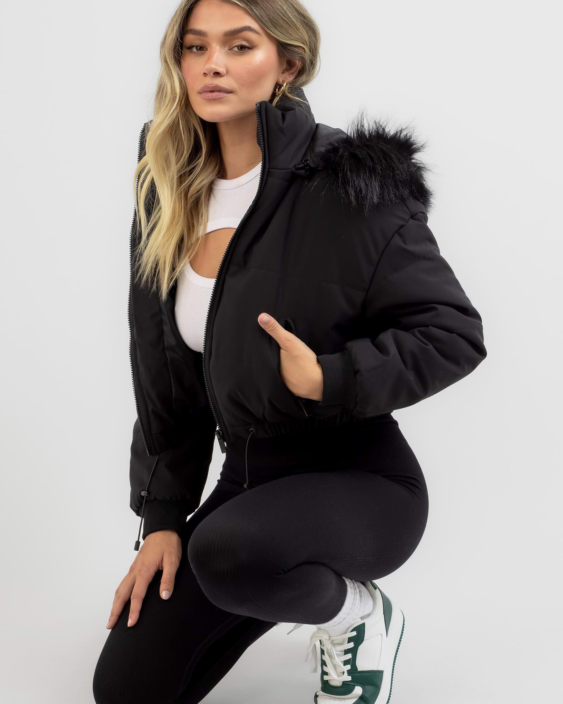 Shop Ava And Ever Fox Puffer Jacket In Black/black - Fast Shipping ...