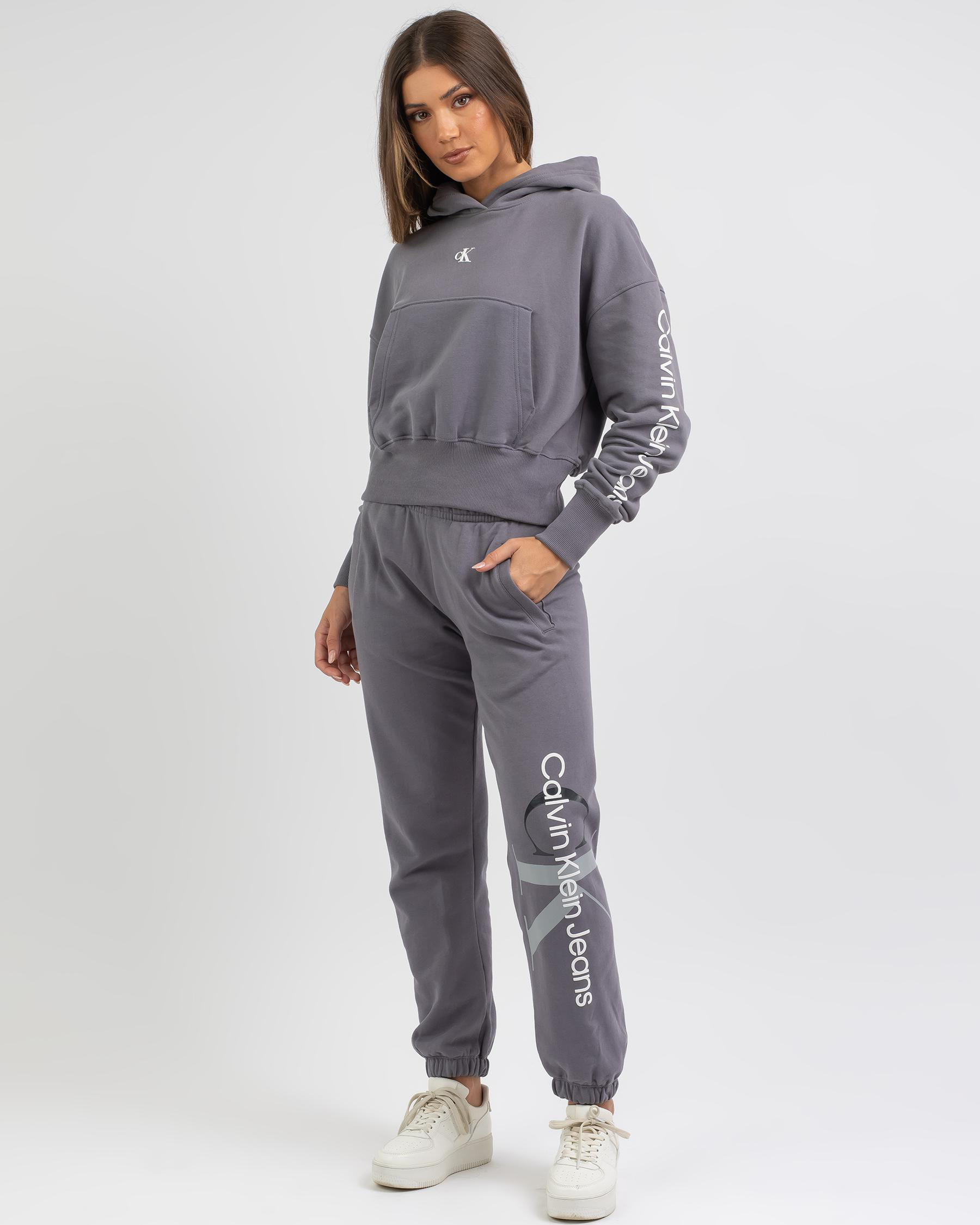 Calvin Klein Two Tone Monogram Track Pants In Fossil Grey Fast Shipping & Easy Returns City