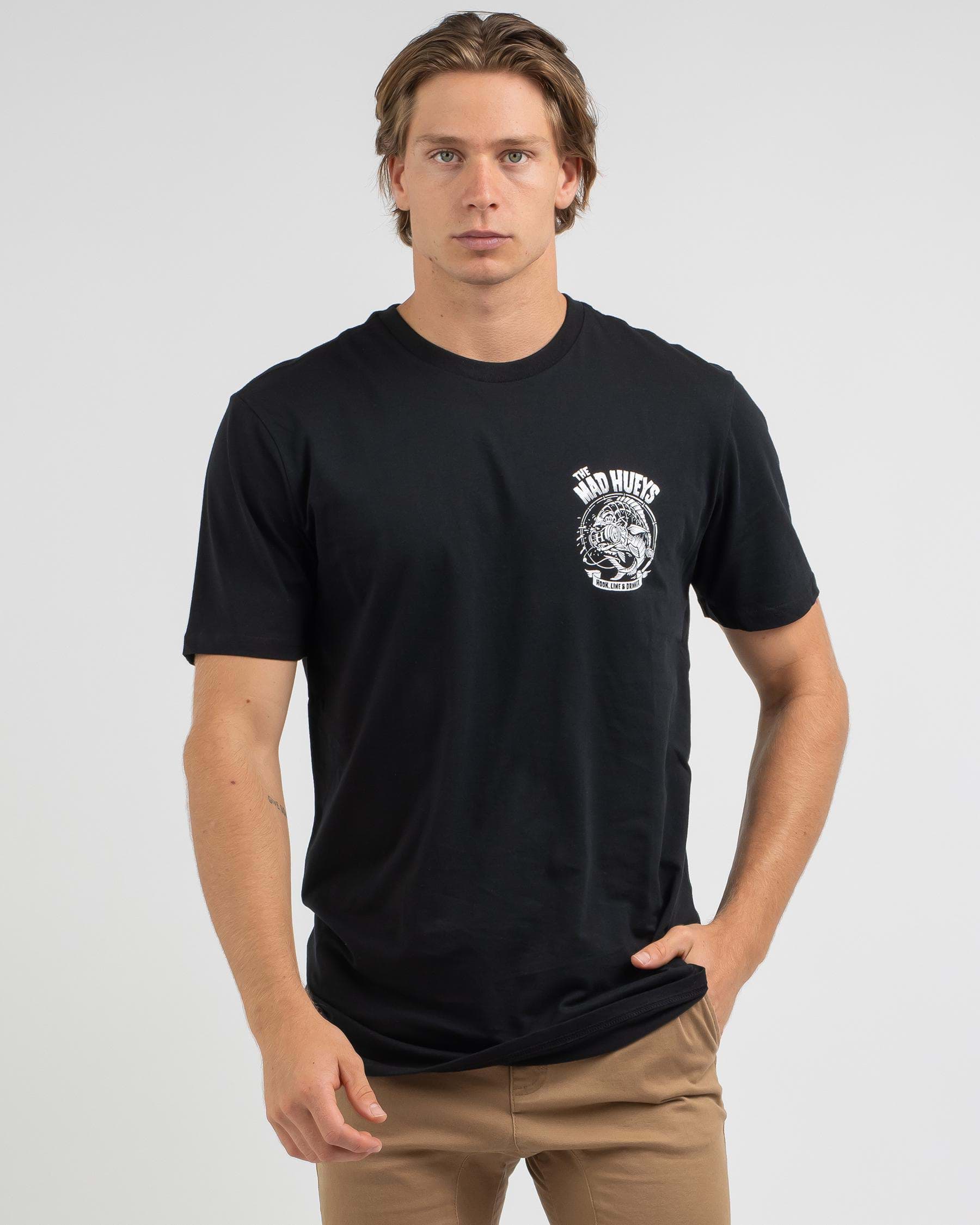 Shop The Mad Hueys Hook Line N Drinker T-Shirt In Black - Fast Shipping ...