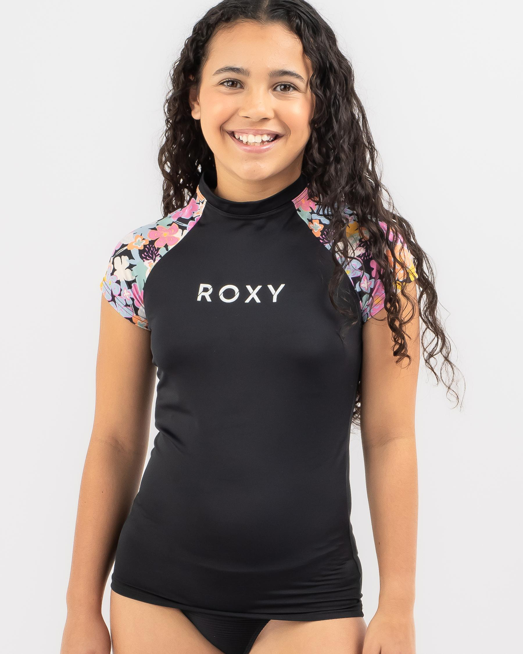 Roxy Girls' Cap Sleeve Rash Vest In Anthracite FREE* Shipping & Easy
