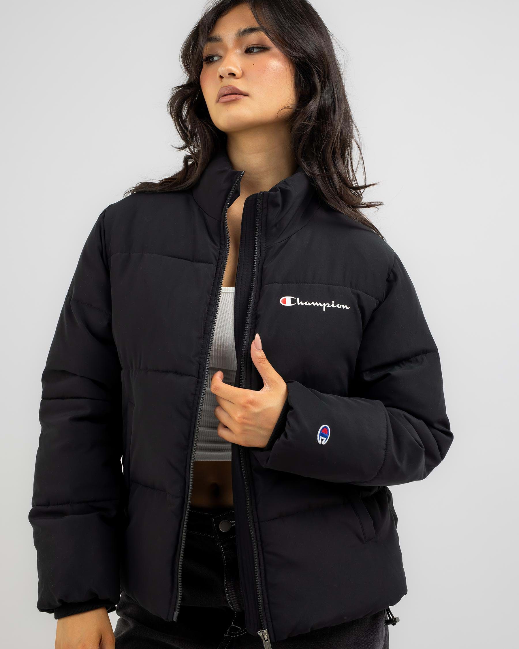 Champion Rochester Athletic Puffer Jacket In Black - Fast Shipping ...