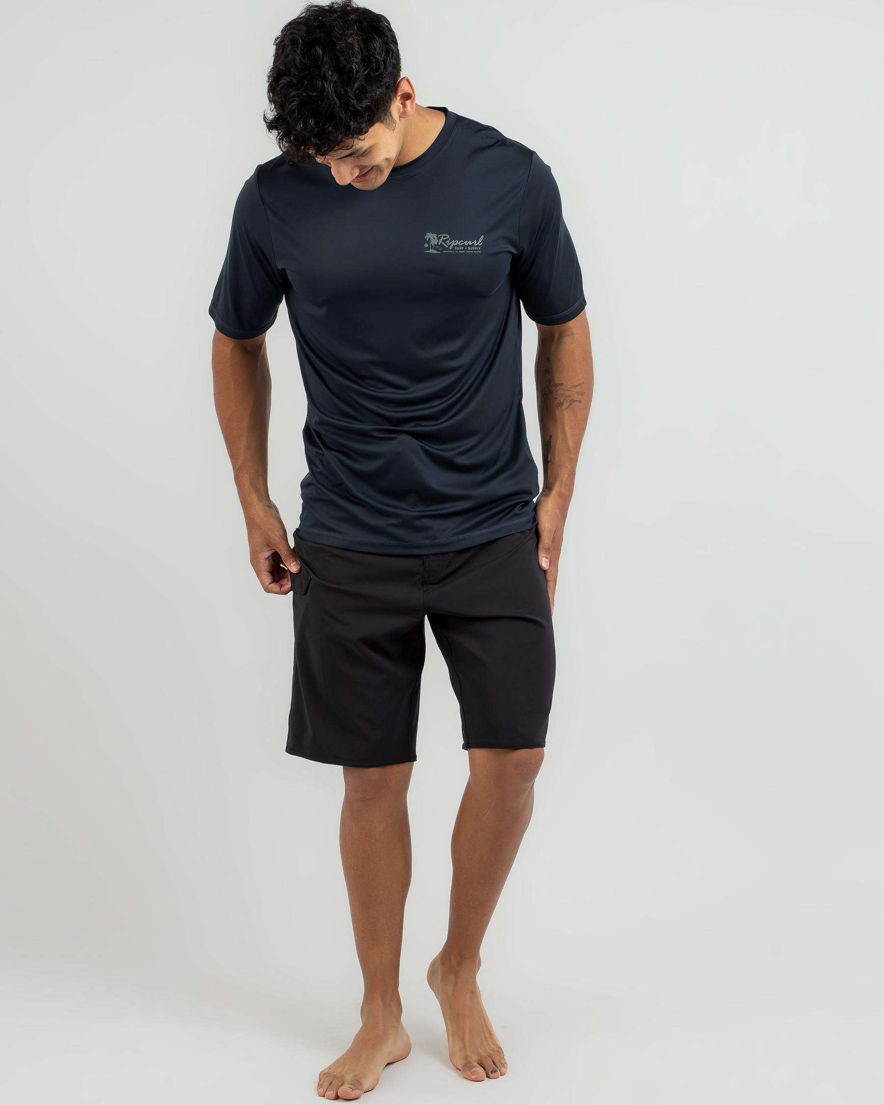 Rip Curl Mod Tropics Logo Short Sleeve Rash Vest In Dark Navy FREE