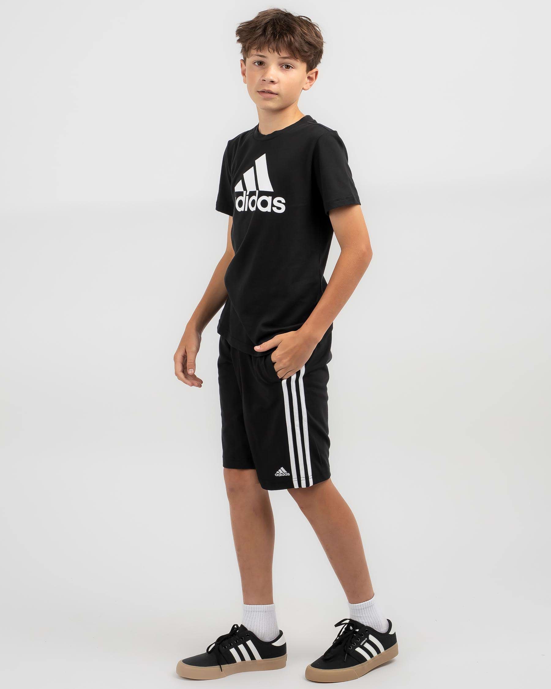 Shop adidas Boys' 3 Stripe Knit Shorts In Black/white - Fast Shipping ...