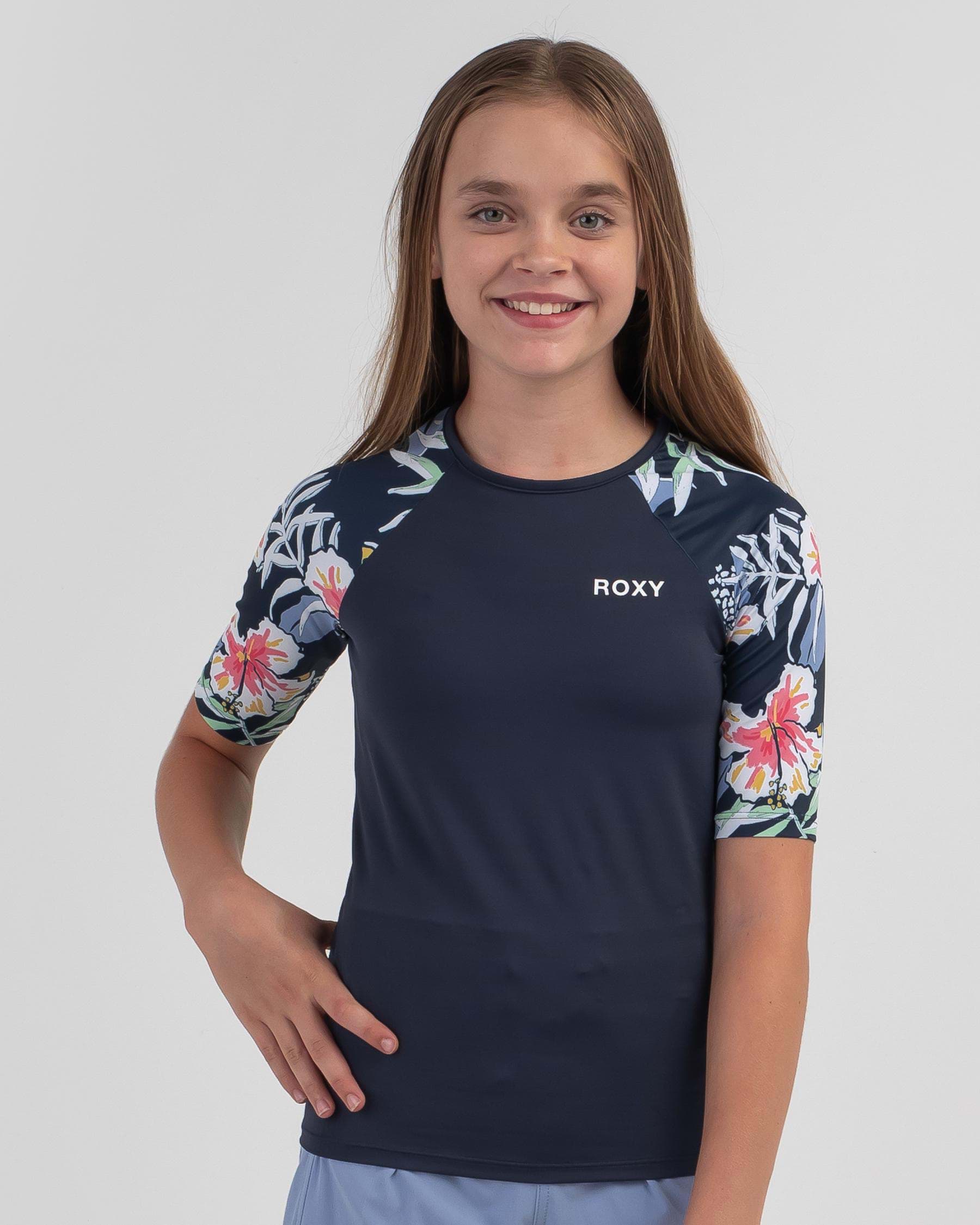 Roxy Girls Summer Good Wave Short Sleeve Rash Vest In Mood Indigo Wild