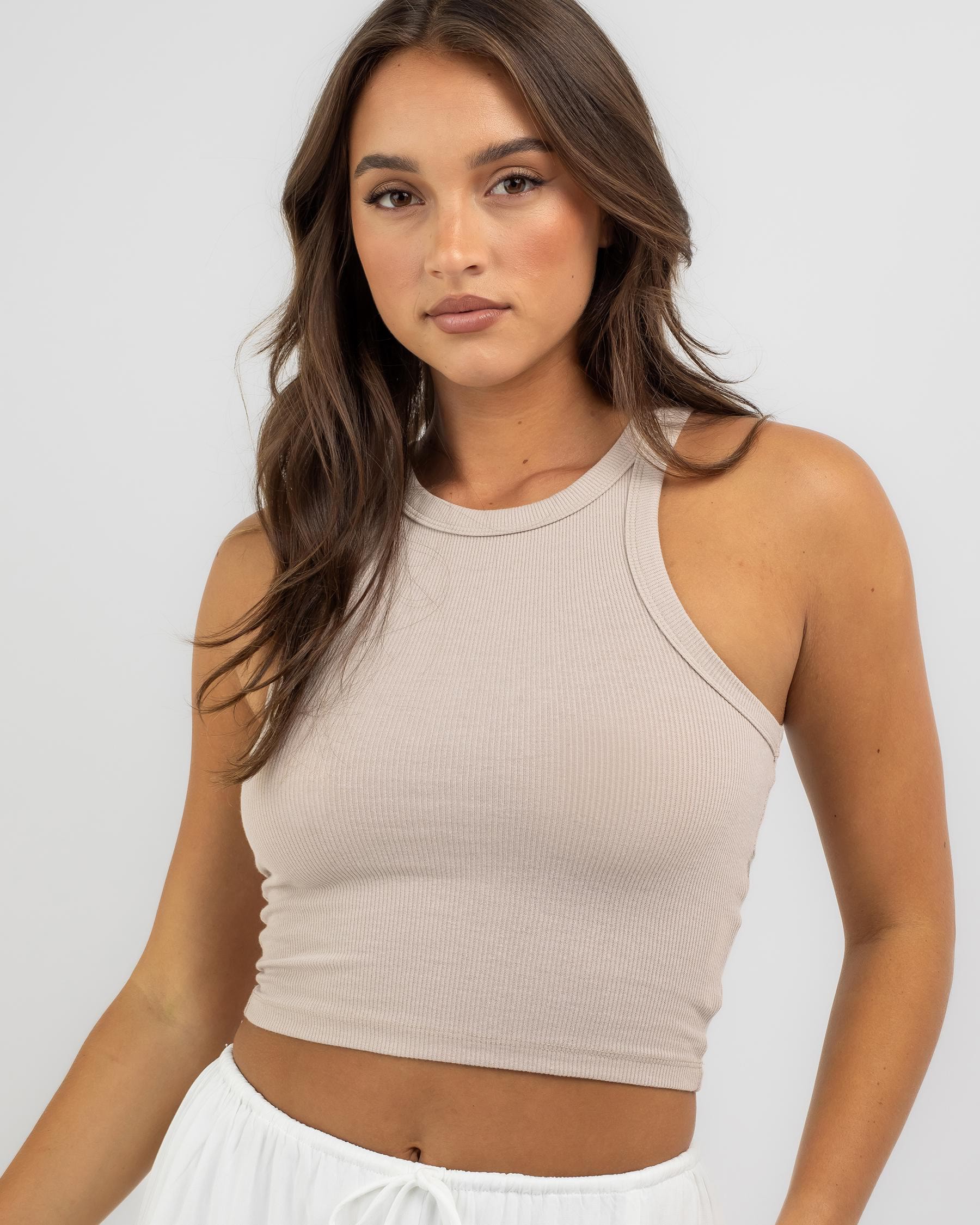 Shop Mooloola Basic Rib Racer Tank Top In Taupe - Fast Shipping & Easy ...