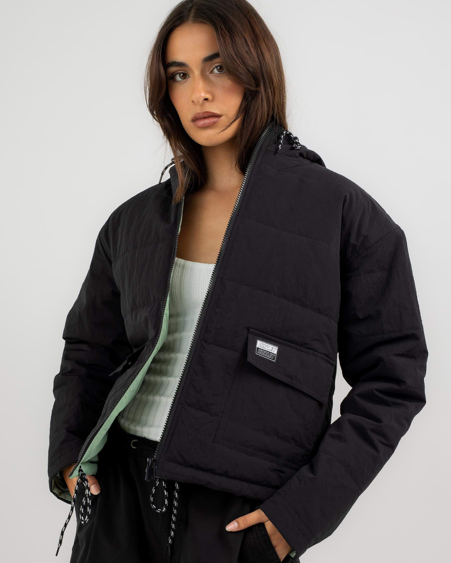 Shop Hurley Anywhere Hooded Puffer Jacket In Black - Fast Shipping ...