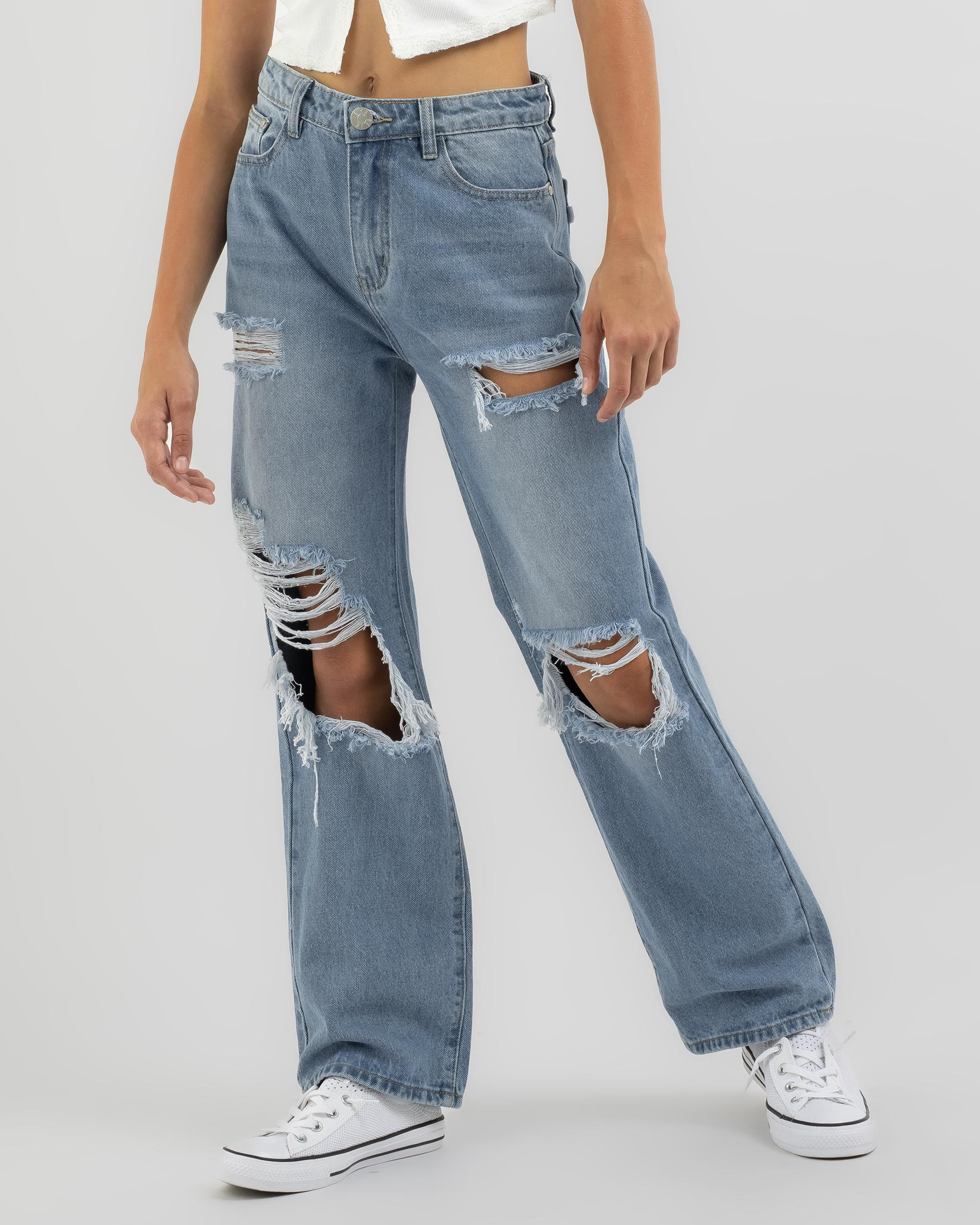 DESU Girls' Parker Wide Leg Jeans In Mid Blue - Fast Shipping & Easy ...