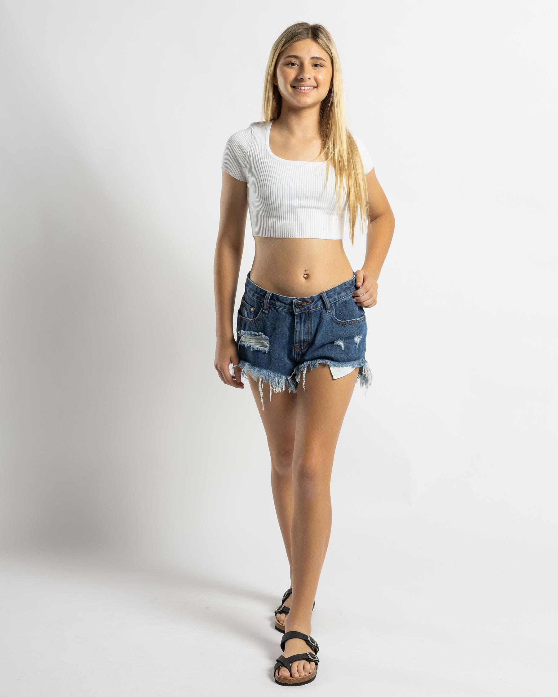 DESU Girls' Cyrus Micro Denim Shorts In Distressed Dark Blue FREE