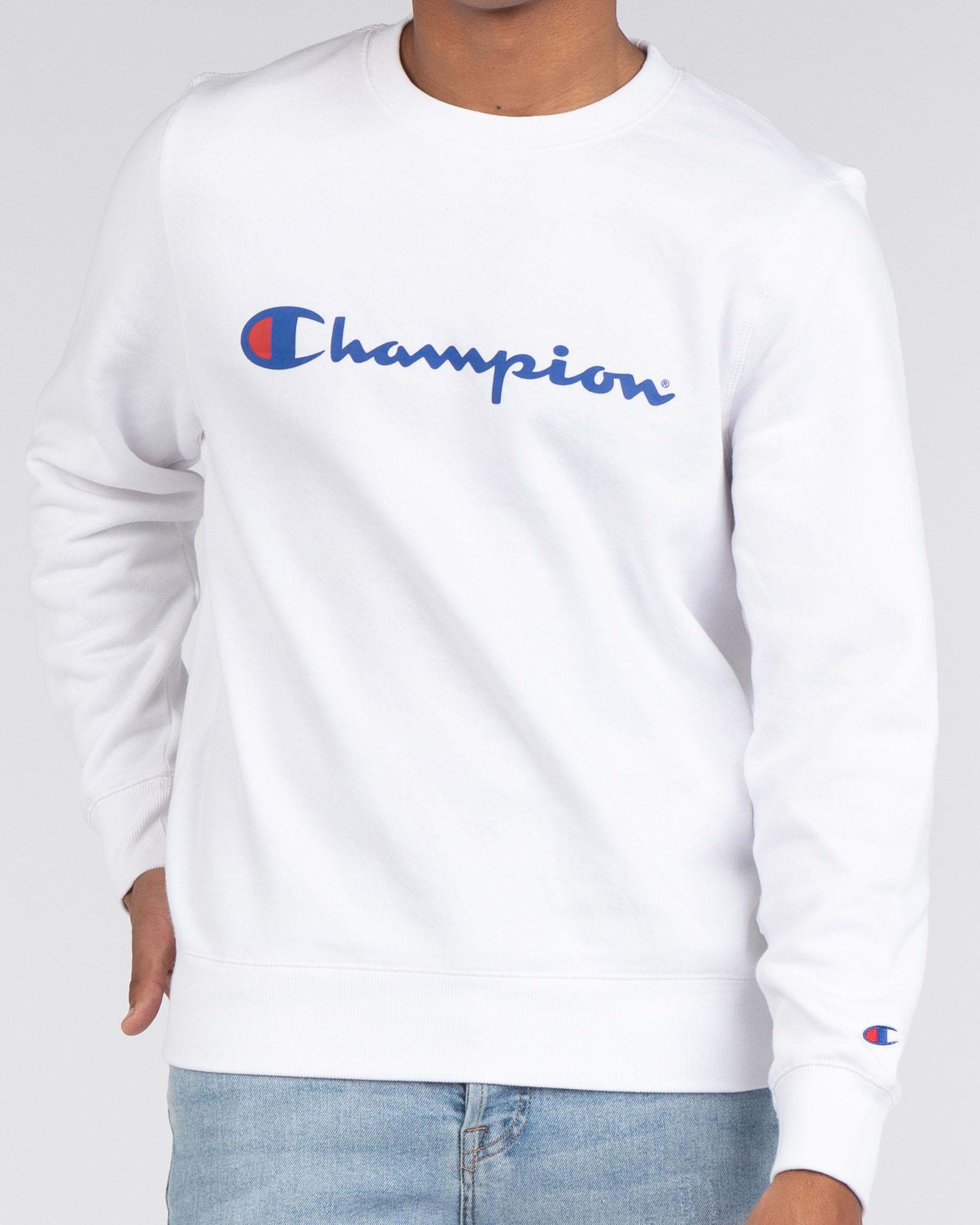 Shop Champion Logo Crew Sweatshirt In White - Fast Shipping & Easy ...