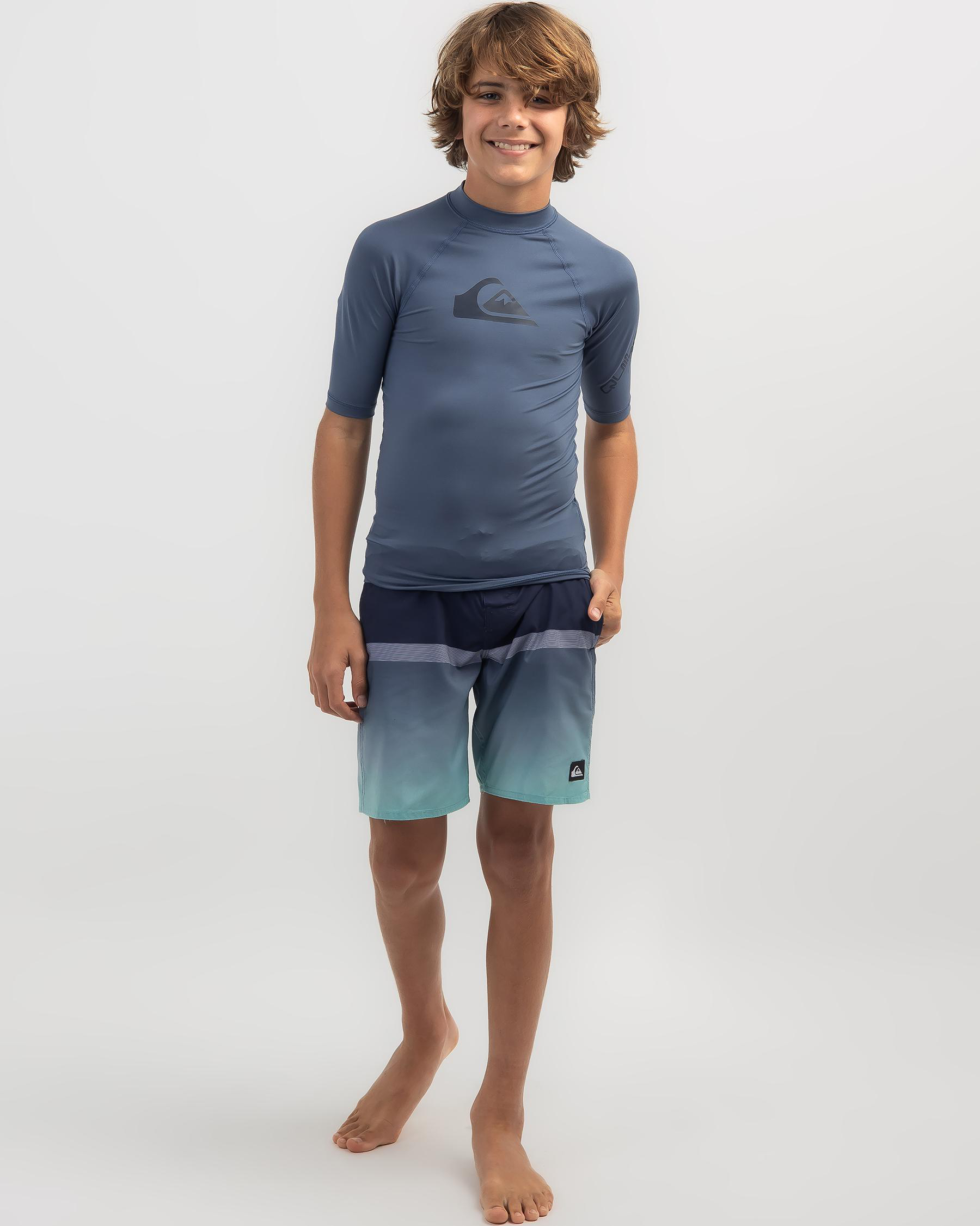 Shop Quiksilver Boys' All Time Short Sleeve Rash Vest In Bering Sea