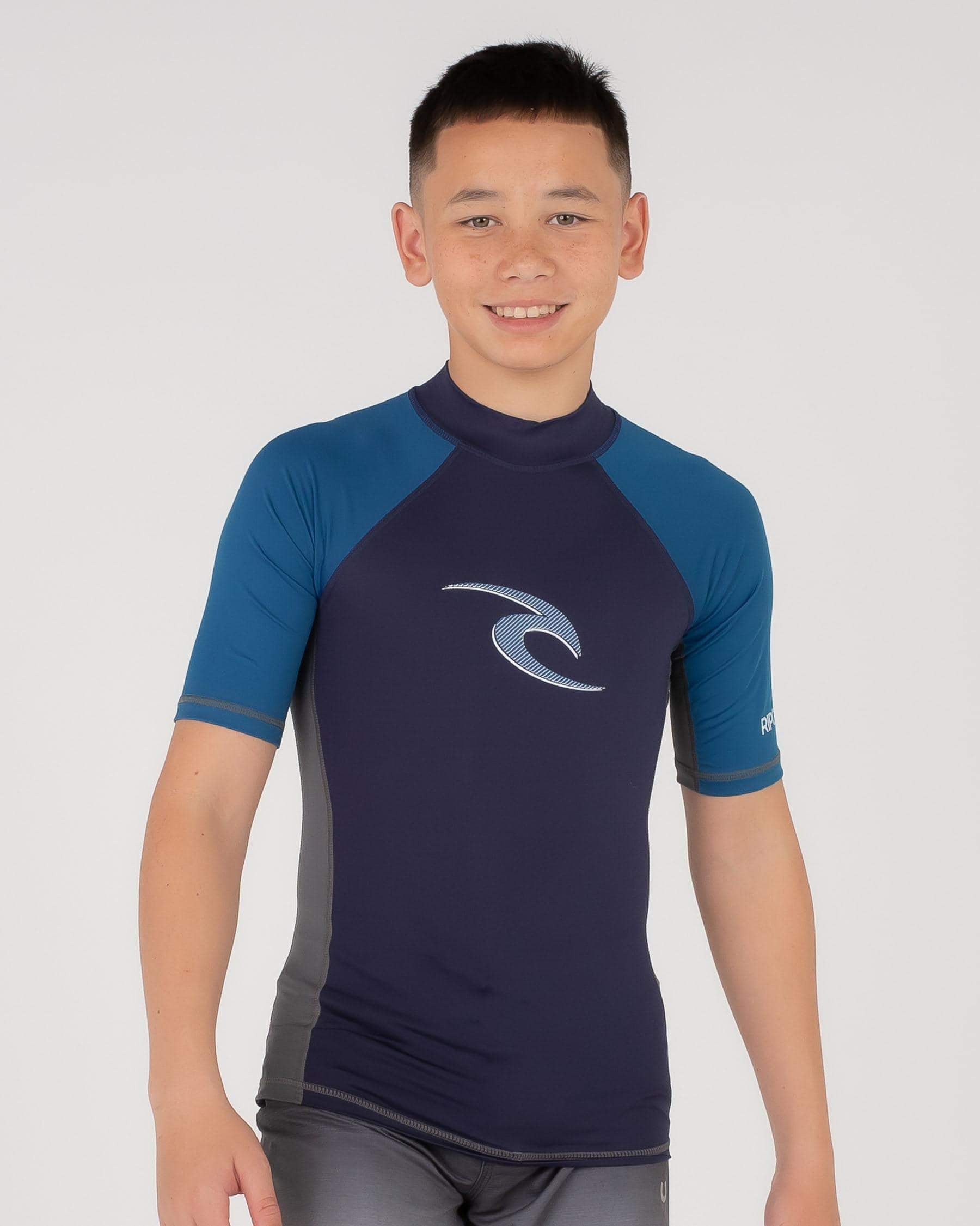 Rip Curl Boys' Wave Short Sleeve Rash Vest In Navy Fast Shipping