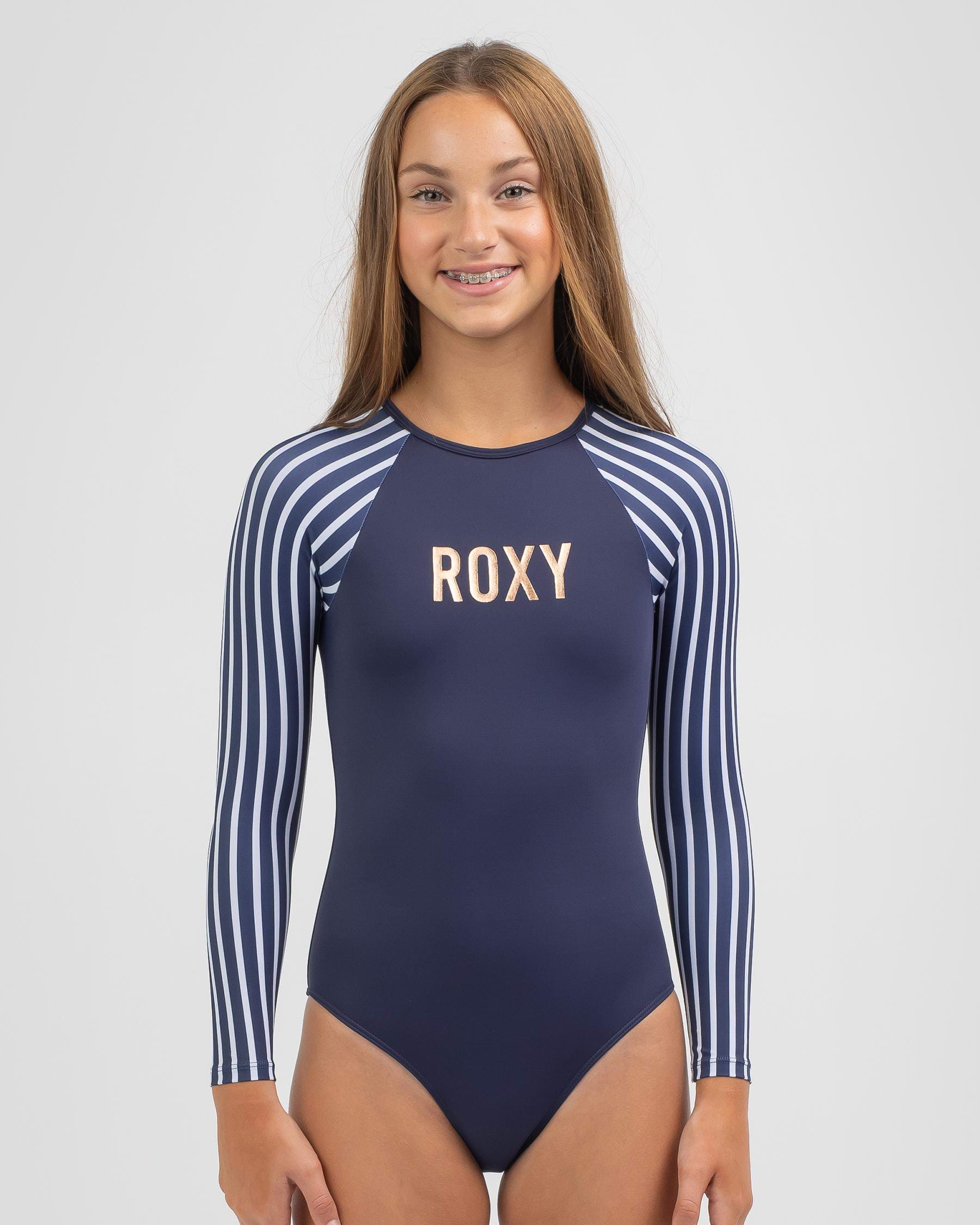 Roxy Girls' Go Further Long Sleeve Surfsuit In Mood Indigo The Line Up  Stripe - FREE* Shipping & Easy Returns - City Beach United States