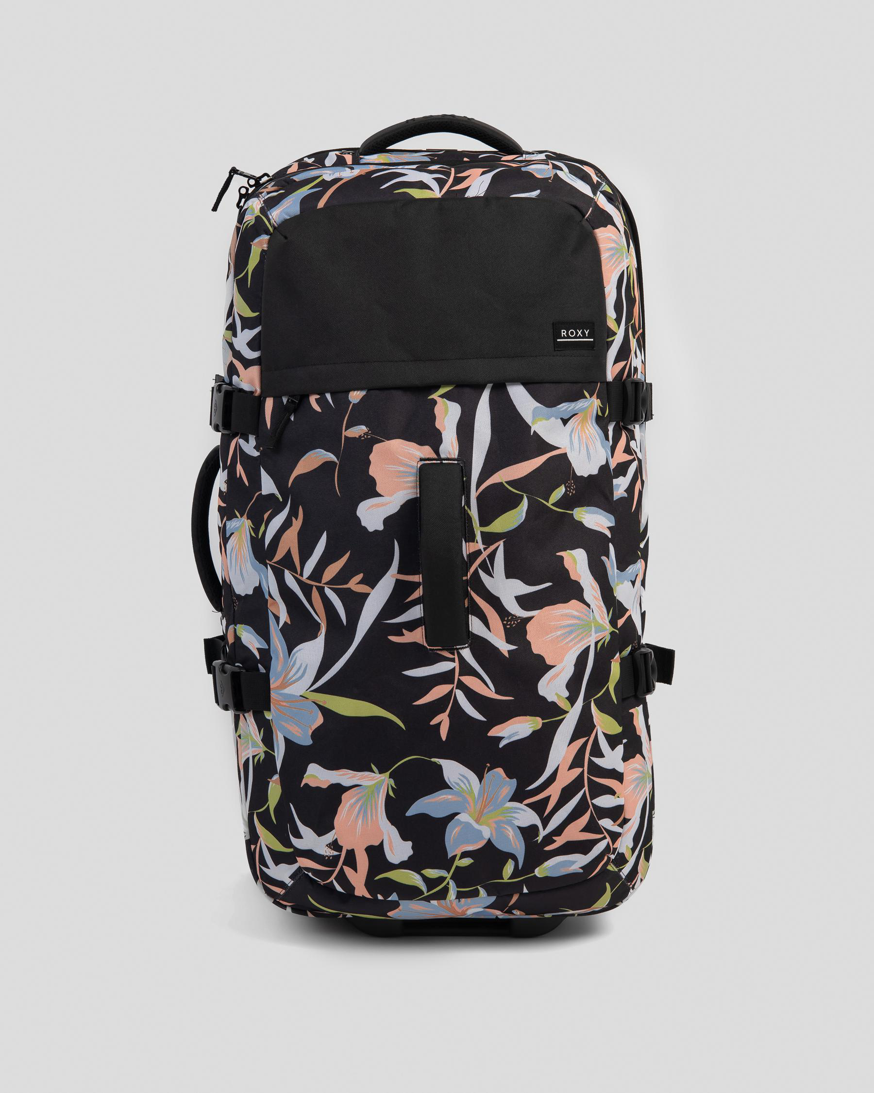 Shop Roxy Fly Away Too Large Wheeled Travel Bag In Anthracite Hibiscus