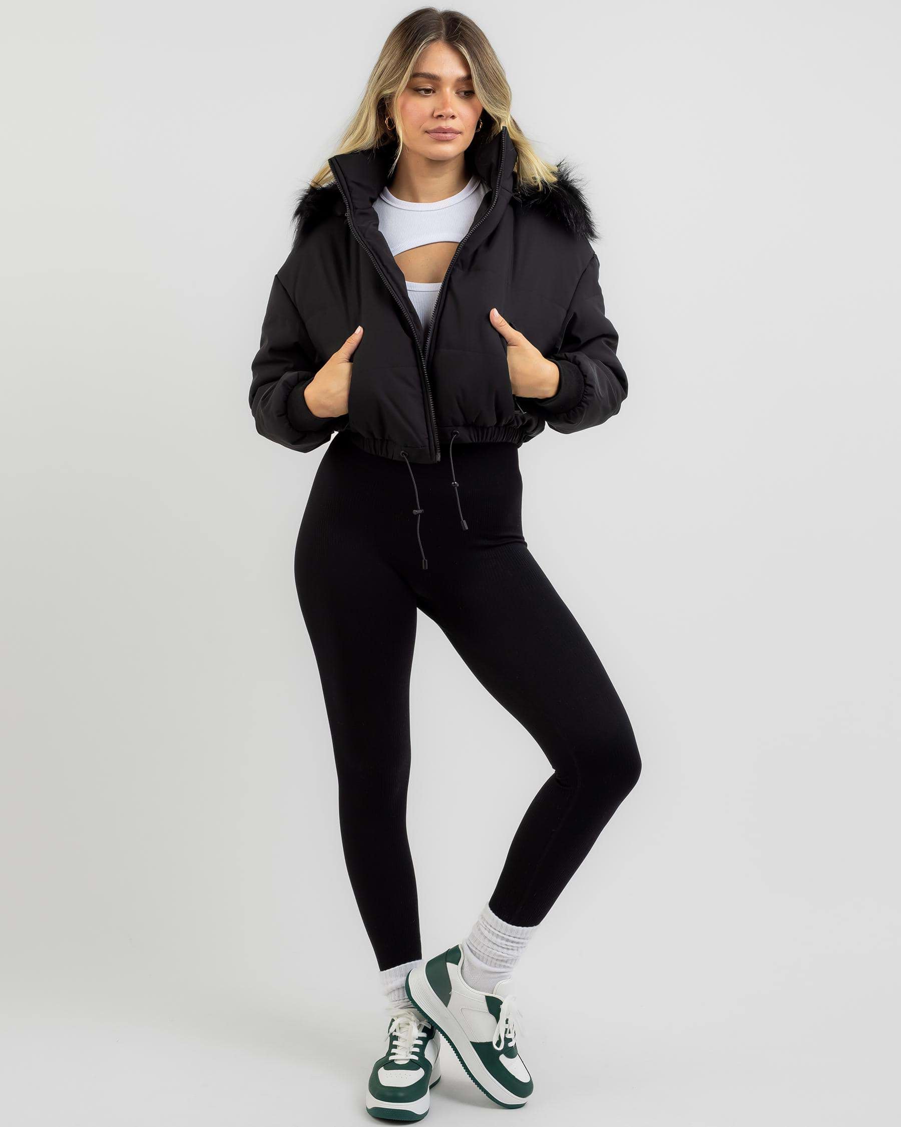 Ava And Ever Fox Puffer Jacket In Black/black - Fast Shipping & Easy ...