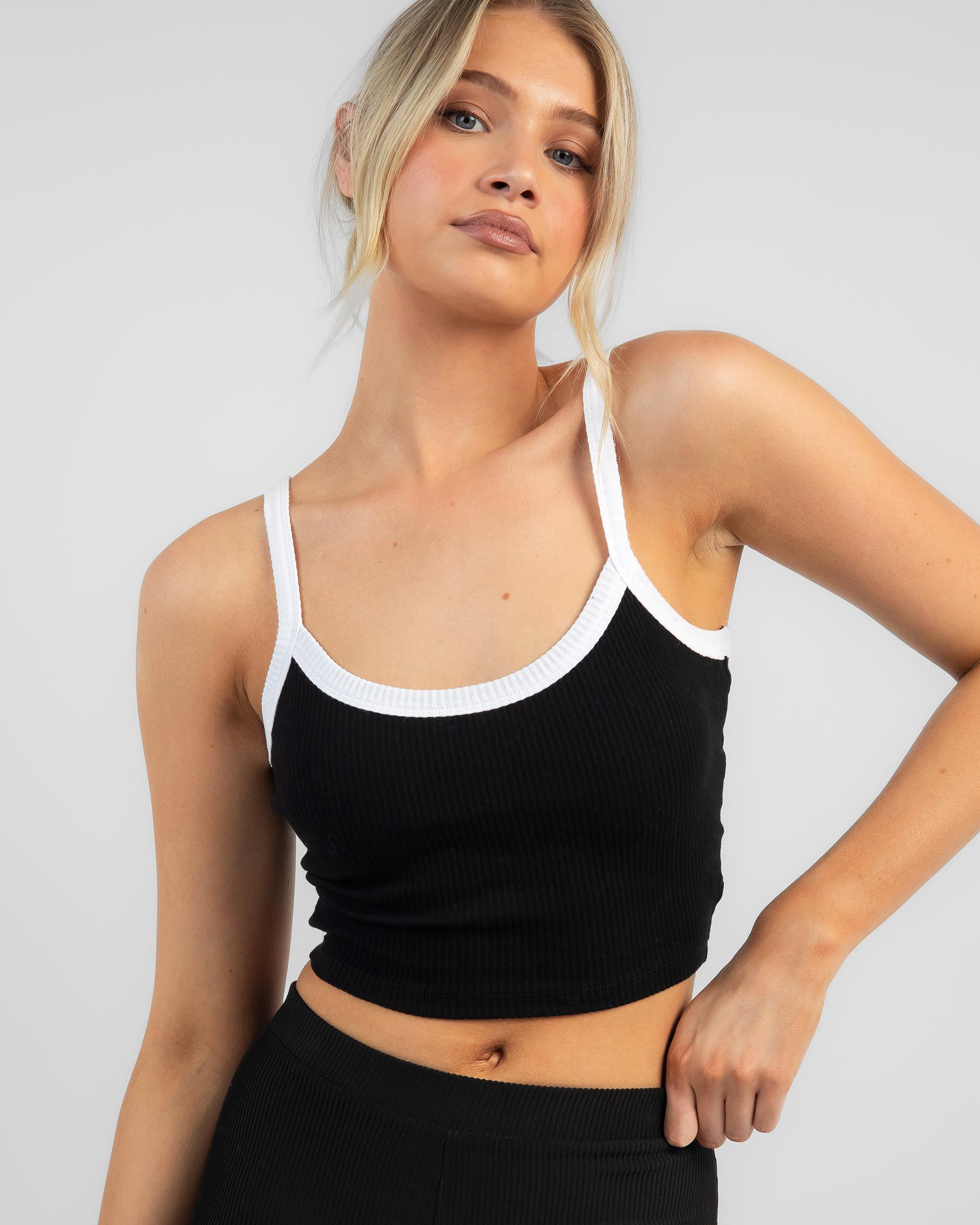 Shop Mooloola Contrast Basic Baby Tank Top In Black/white Fast