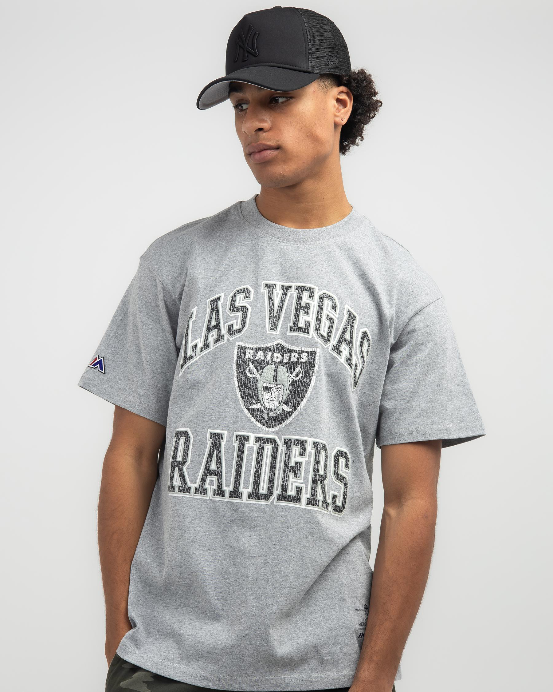 Majestic Las Vegas Raider Cracked Puff Arch T-Shirt In Grey Marle