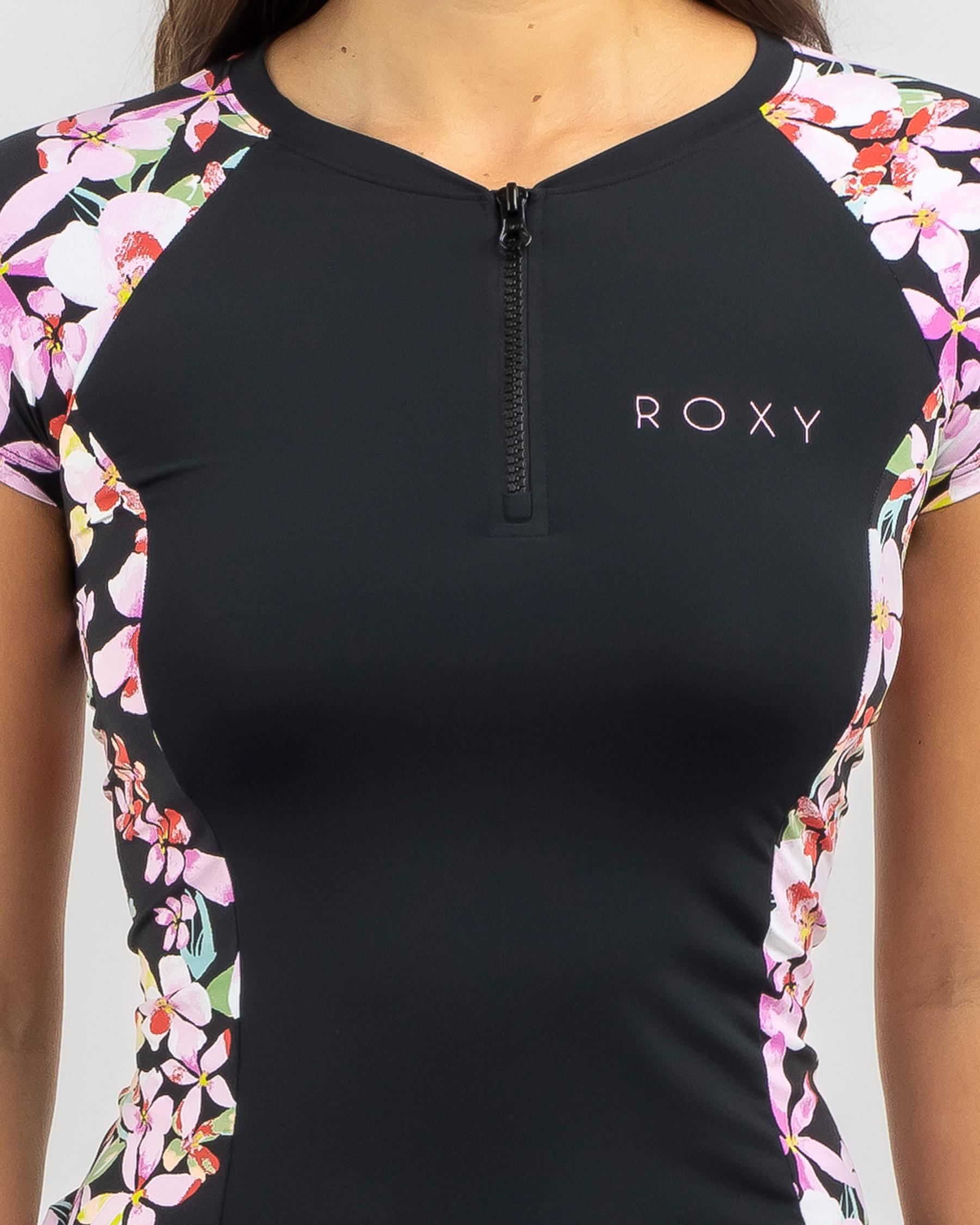 Shop Roxy Lycra Cap Sleeve Half Zip Rash Vest In Anthracite New Life ...