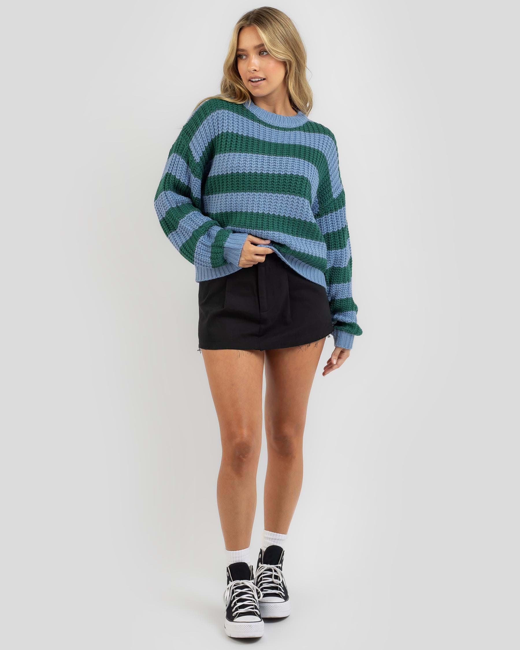 Ava And Ever Hawk Stripe Crew Neck Knit Jumper In Blue/green - Fast ...