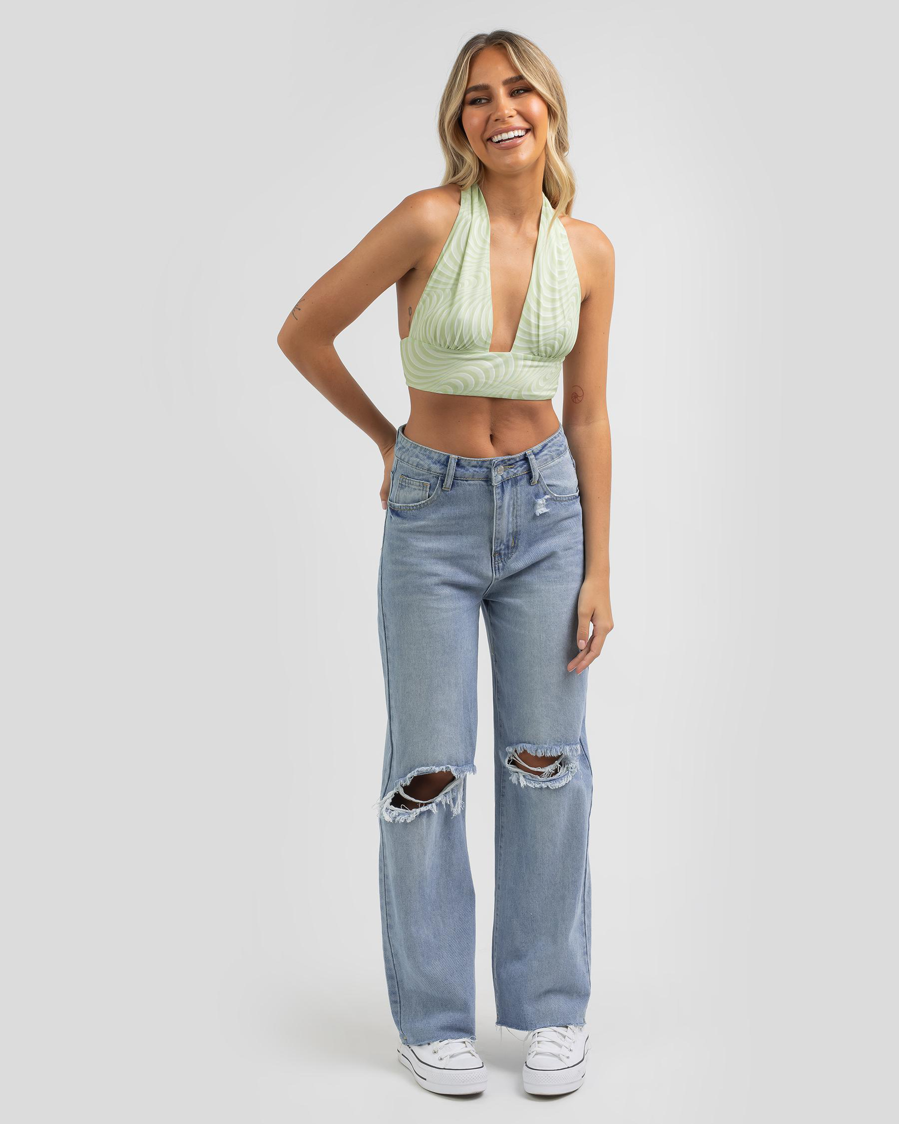 Rumor Wavy Baby Halter Top In Green Fast Shipping & Easy Returns