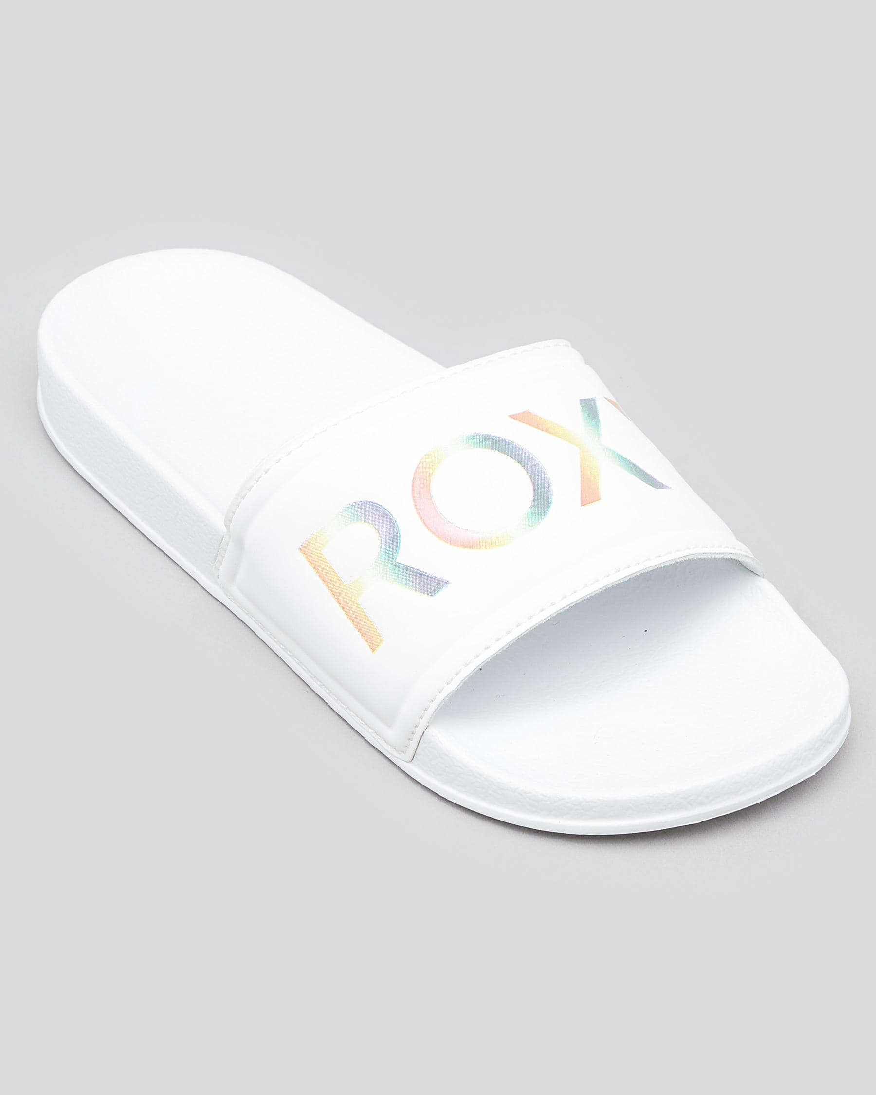Shop Roxy Girls' Slippy Slide Sandals In Alloy/white - Fast Shipping ...