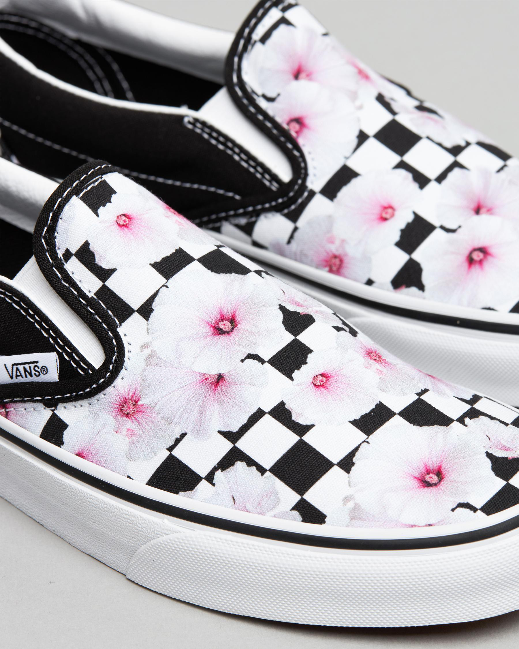 Shop Vans Womens Classic Slip On Shoes In Hibiscus Check Black Fast