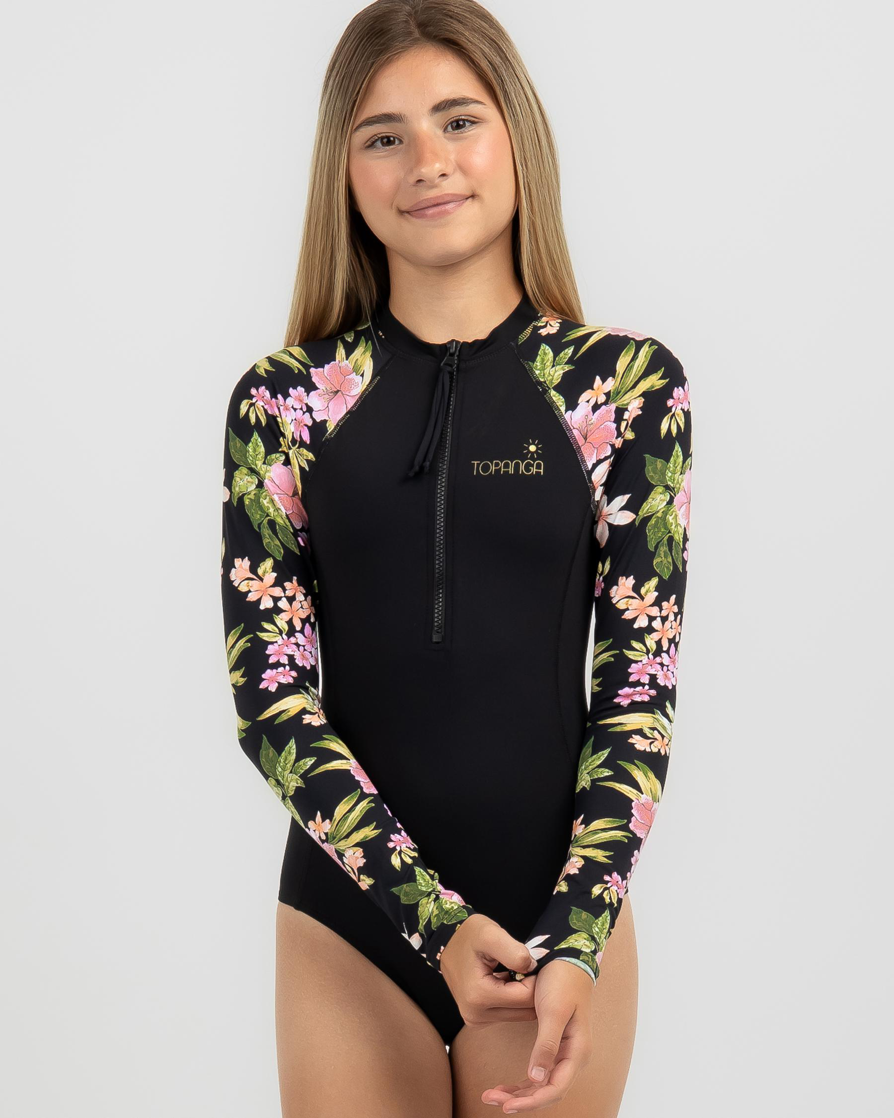 Topanga Girls Poppy Long Sleeve Surfsuit In Black pink FREE 