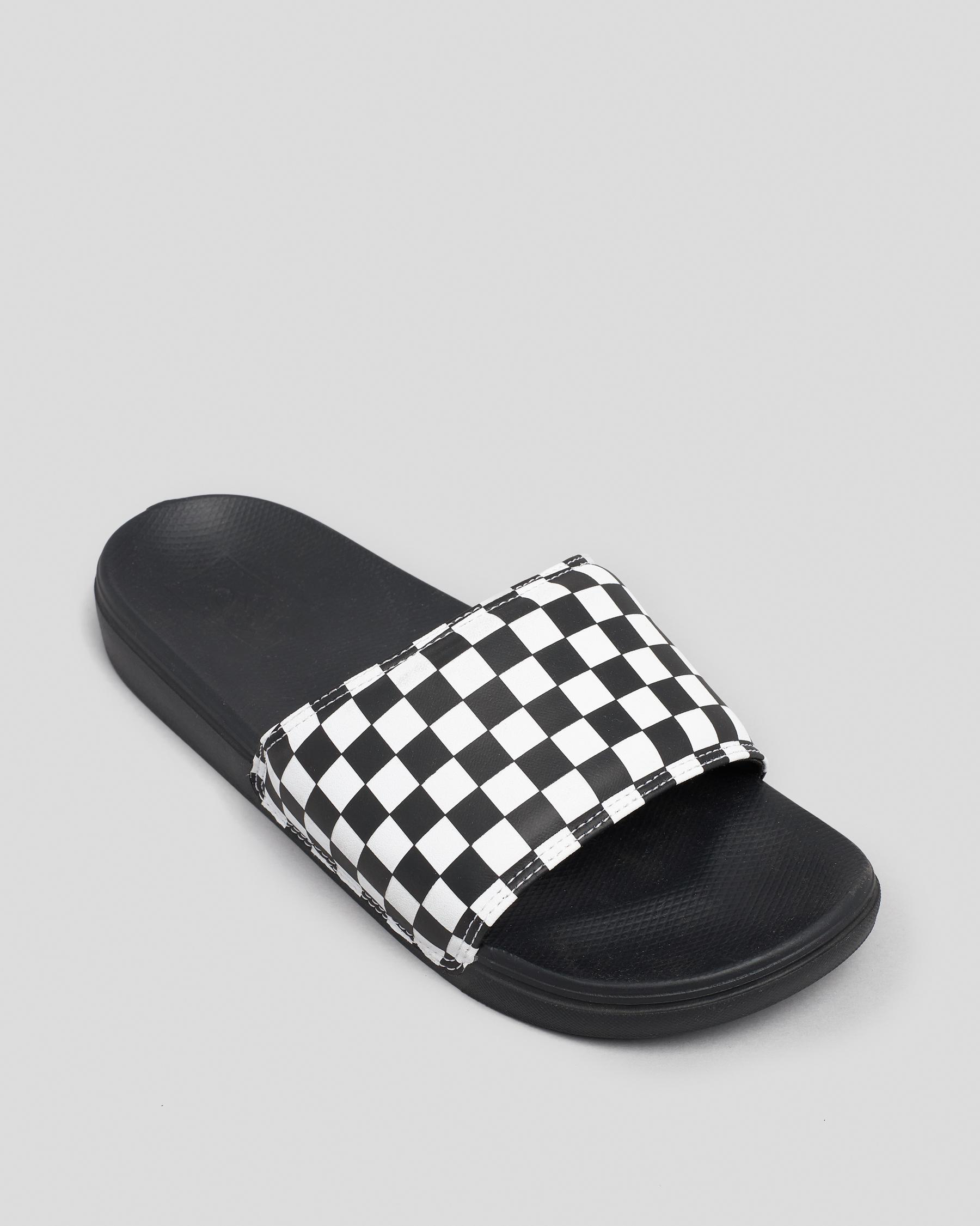 Shop Vans La Costa SlideOn Slides In (Checkerboard) True White/black Fast Shipping & Easy