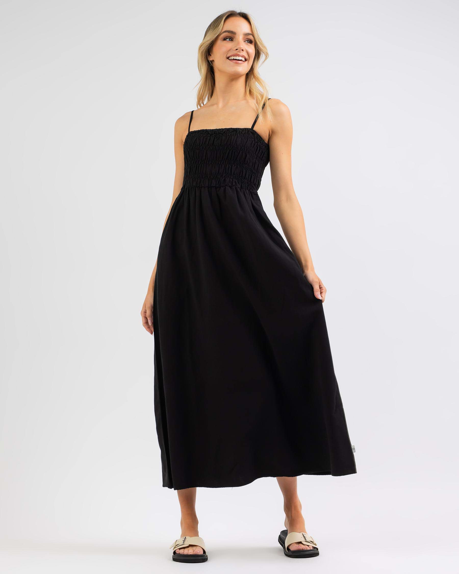 Shop Rhythm Classic Shirred Midi Dress In Black - Fast Shipping & Easy ...