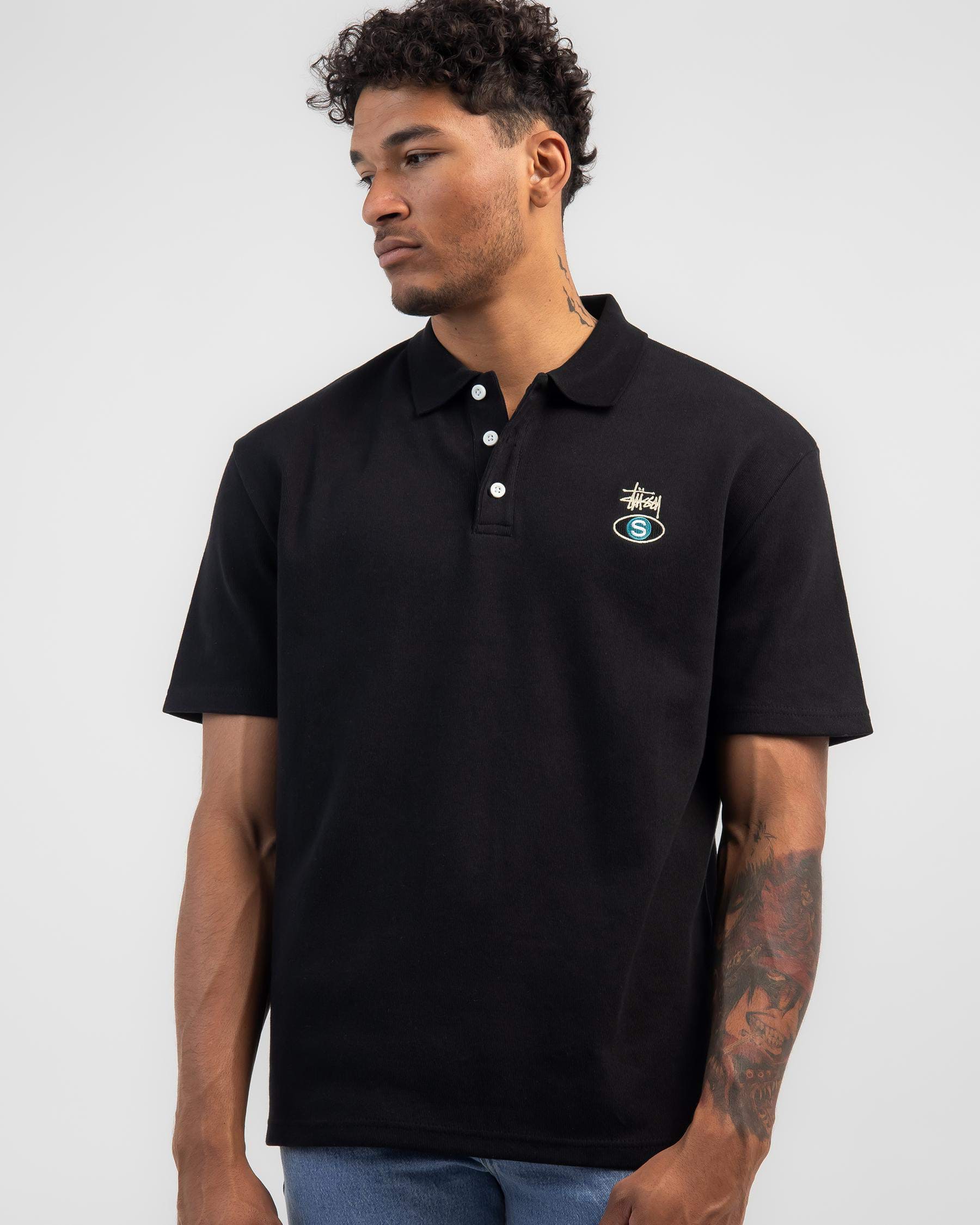 Stussy Rib Short Sleeve Polo Shirt In Black - Fast Shipping & Easy ...