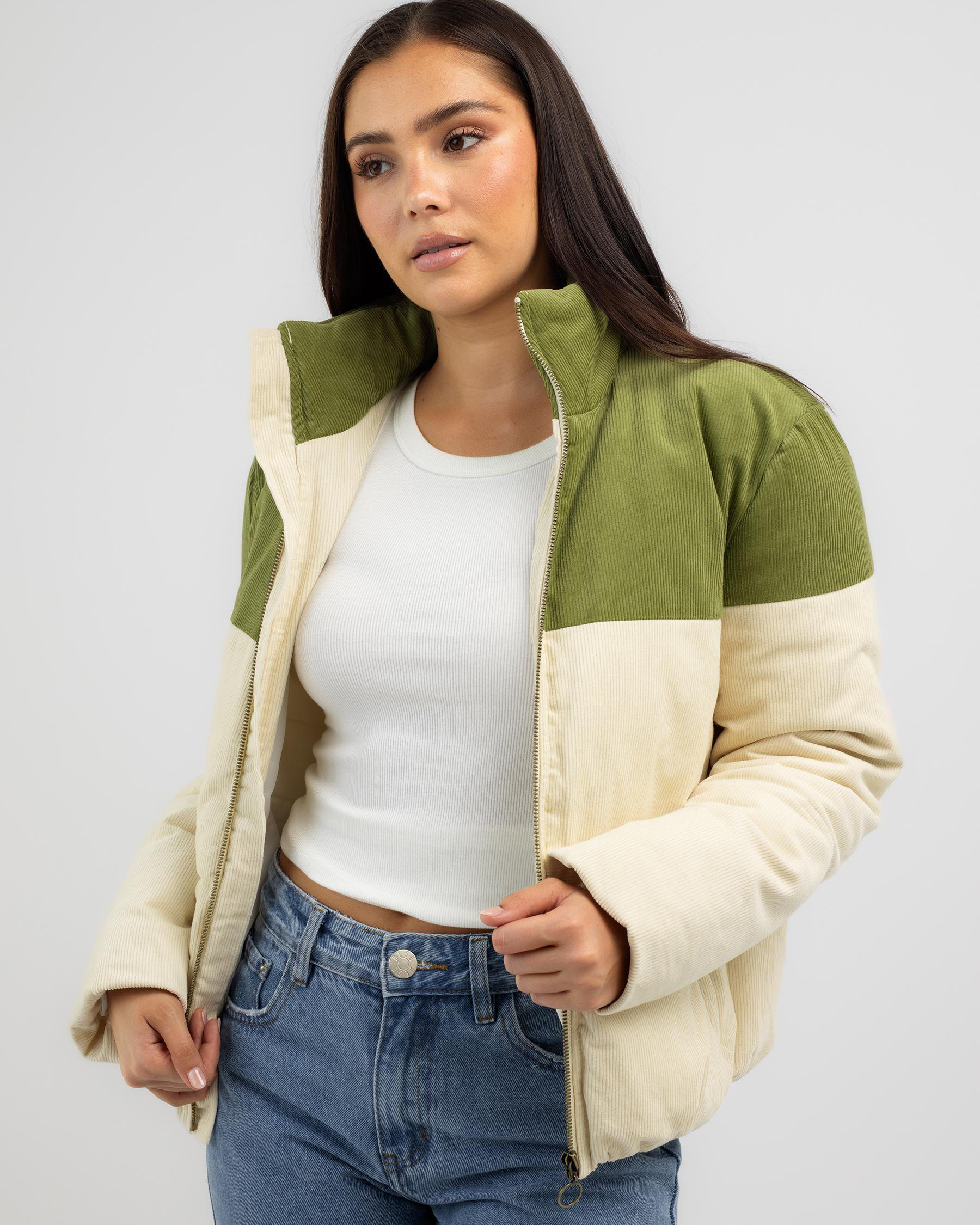 Shop Billabong Lakeside Puffer Jacket In White Sand - Fast Shipping ...