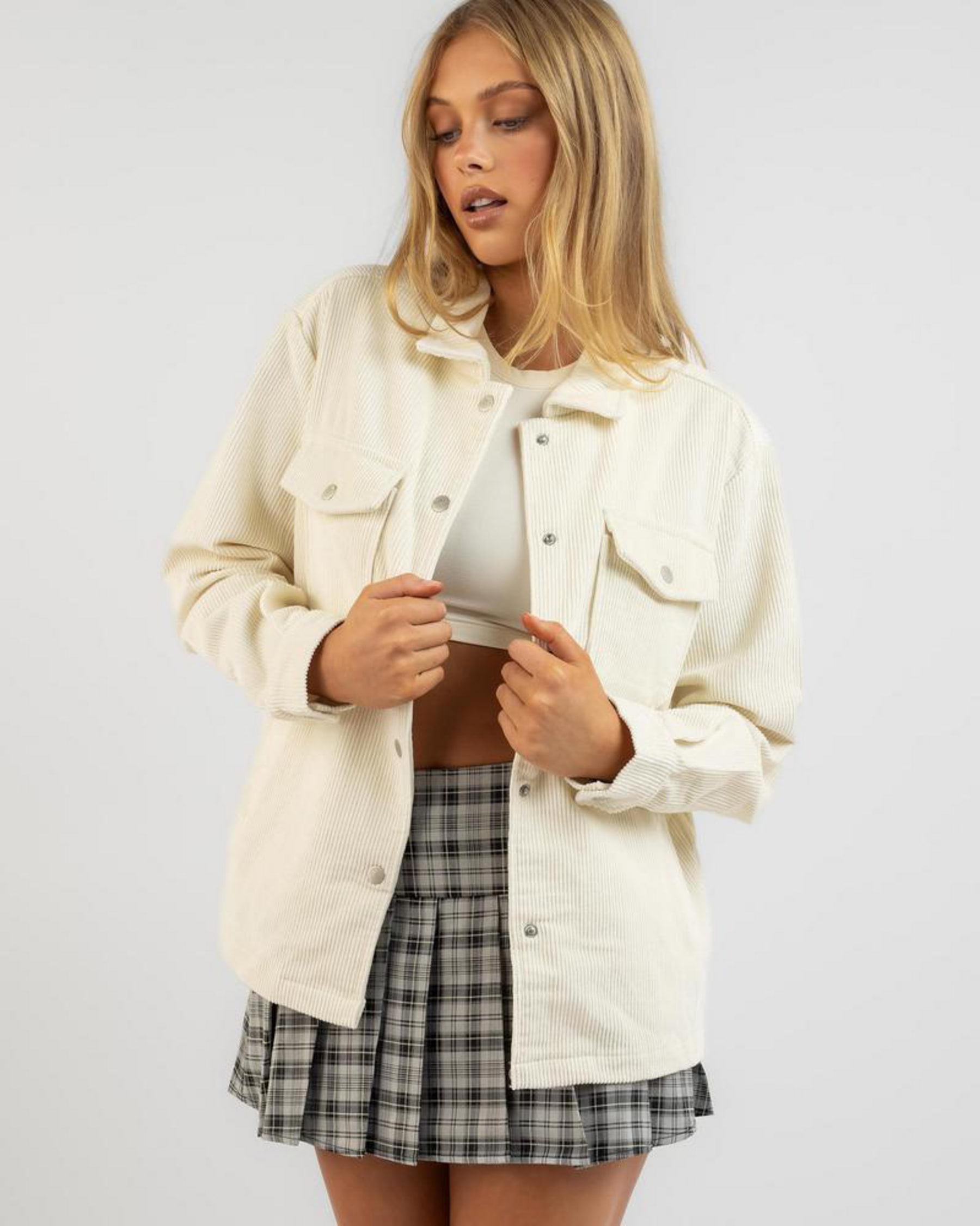 Shop Ava And Ever Mila Cord Shacket In Alabaster - Fast Shipping & Easy ...