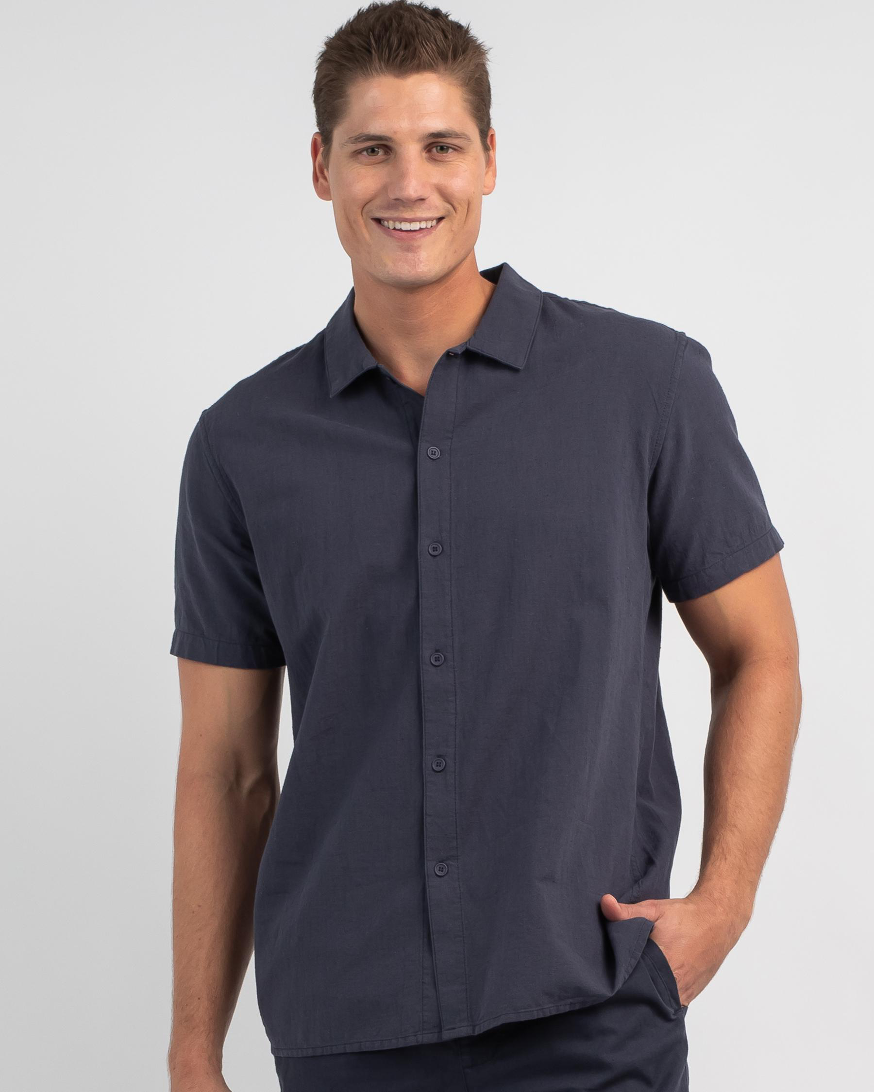 Shop Rhythm Classic Linen Short Sleeve Shirt In Worn Navy - Fast ...