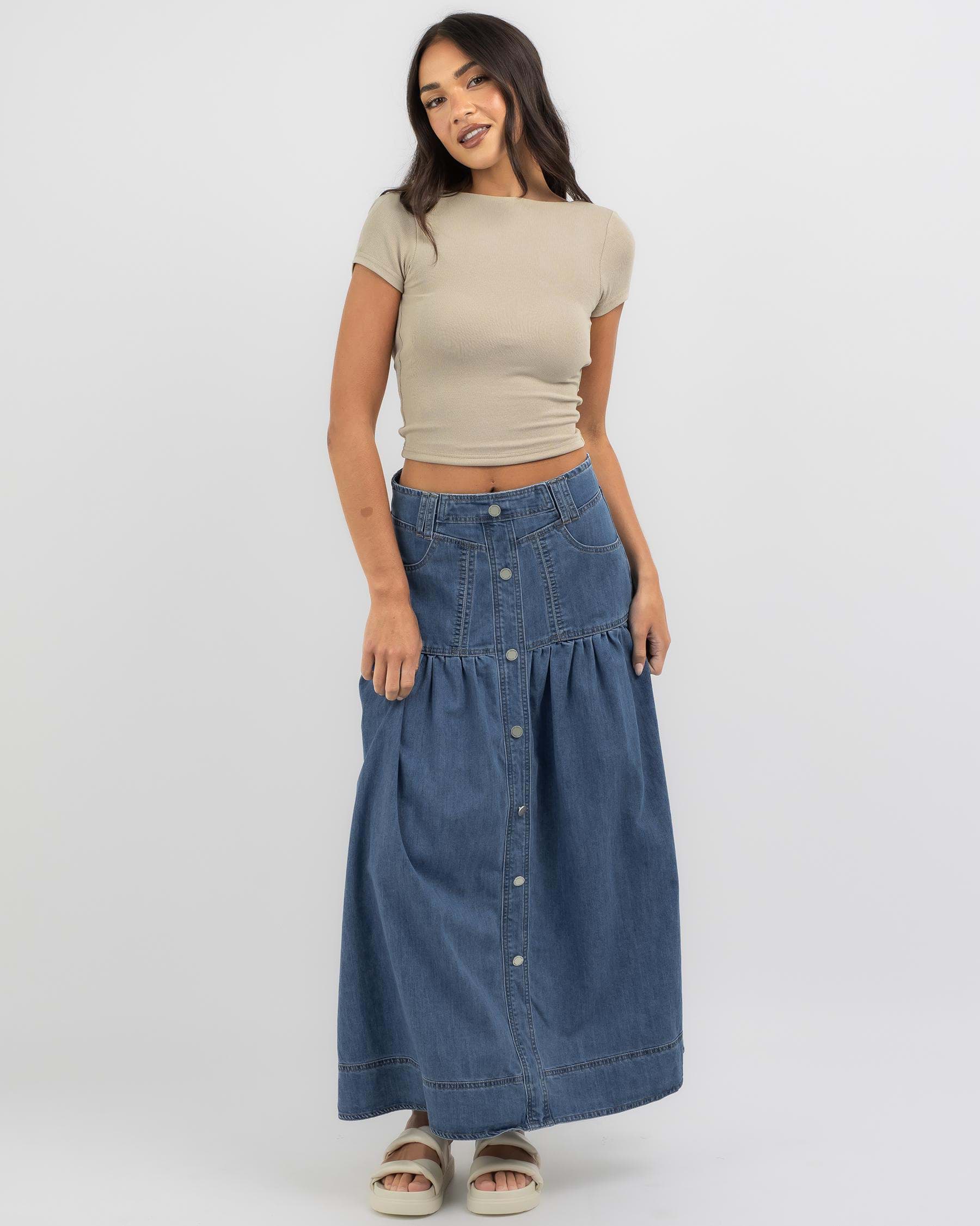 Shop Country Denim Clara Maxi Skirt In Mid Blue - Fast Shipping & Easy ...