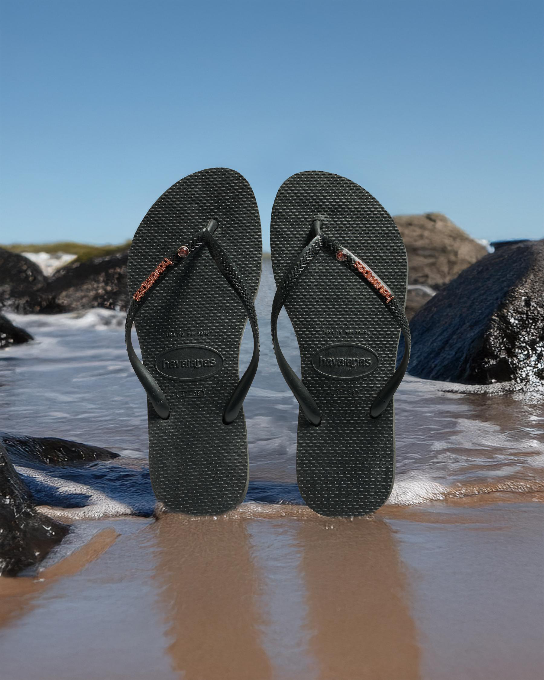 Slim Metal Logo Crystal Thongs