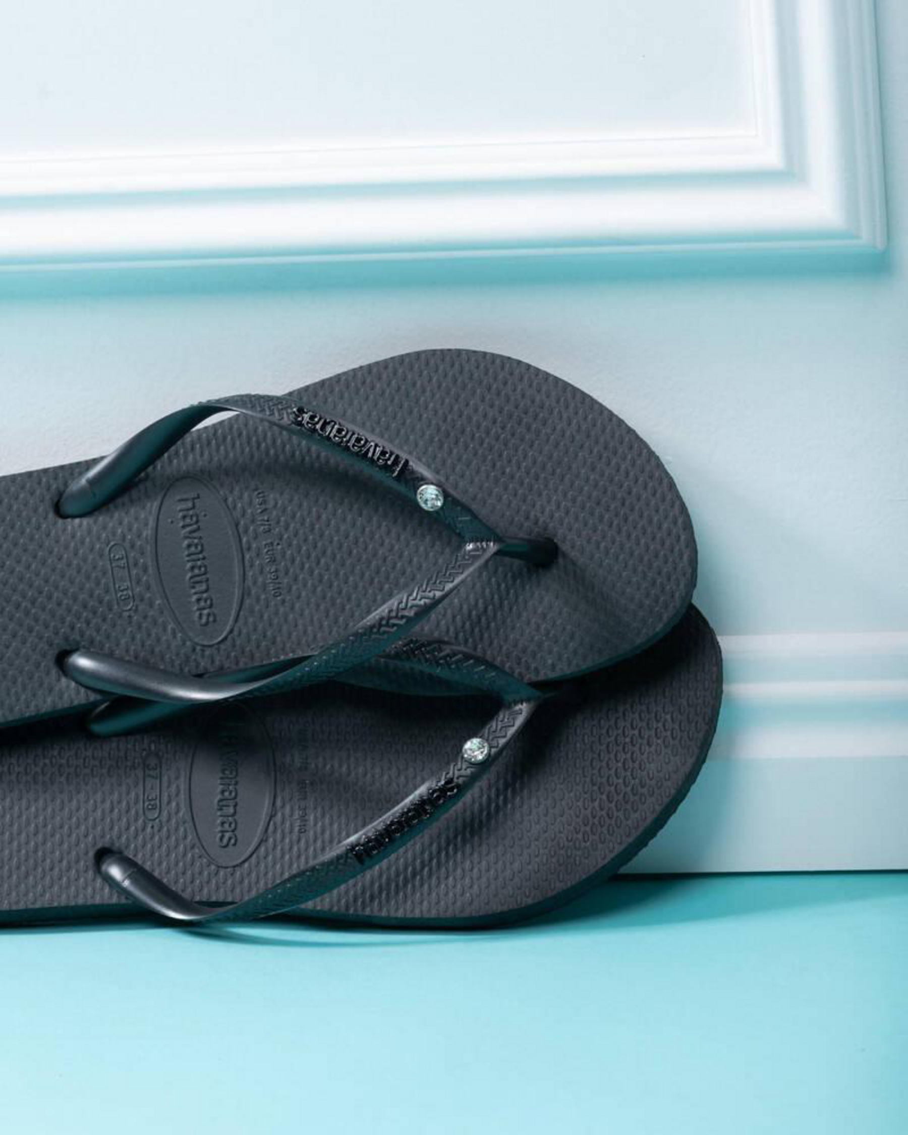 Slim Metal Logo Crystal Thongs