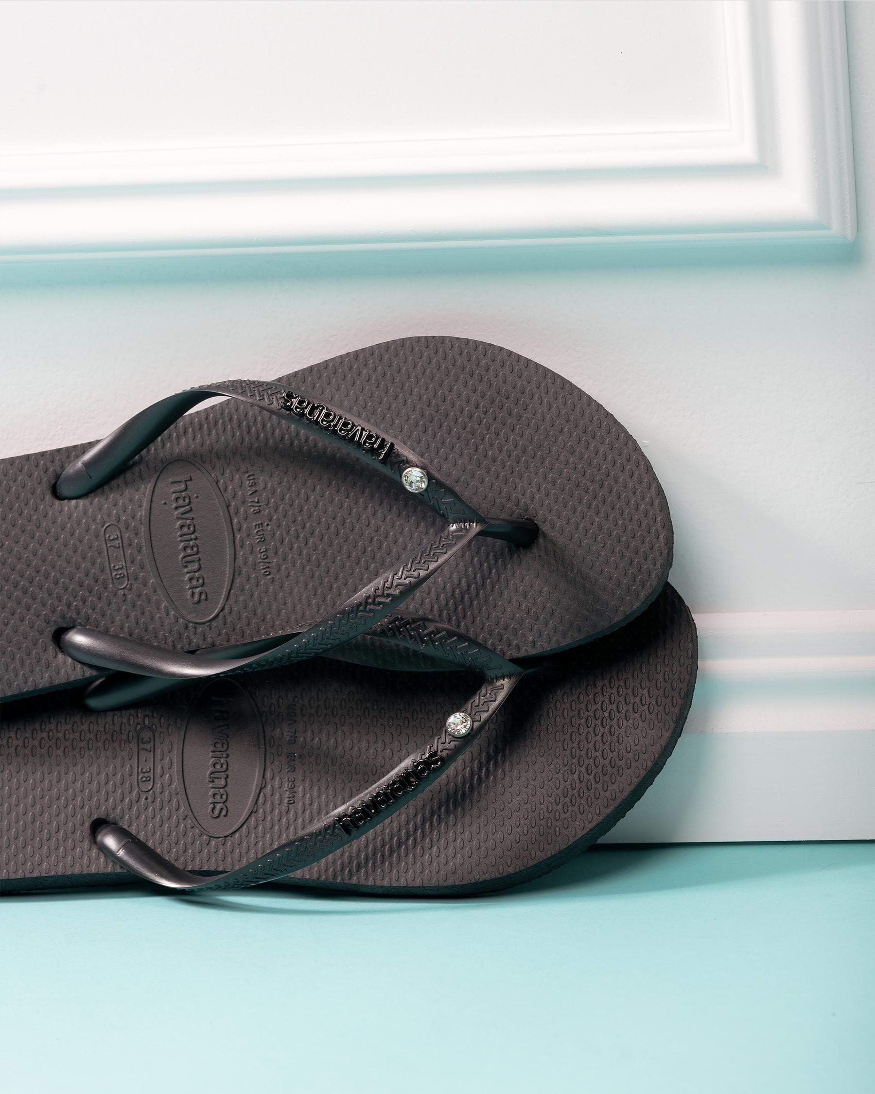 Slim Metal Logo Crystal Thongs